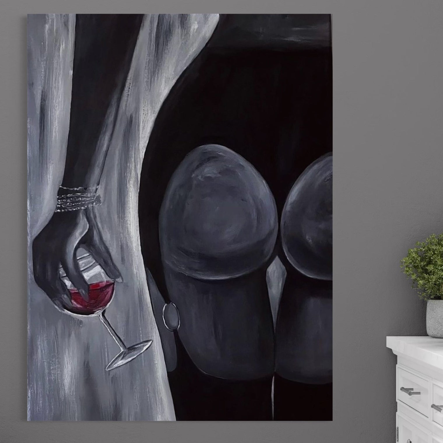 Tablou Canvas Premium, LuxCanva® P1040, Liniște cu Aroma de Vin, Pahar, Bautura, Vin, Rosu, Noapte, Umbra, Negru, Gri, Spate, Piele, Femeie, Dorinta, Pasiune, Sexy, Living, Dormitor