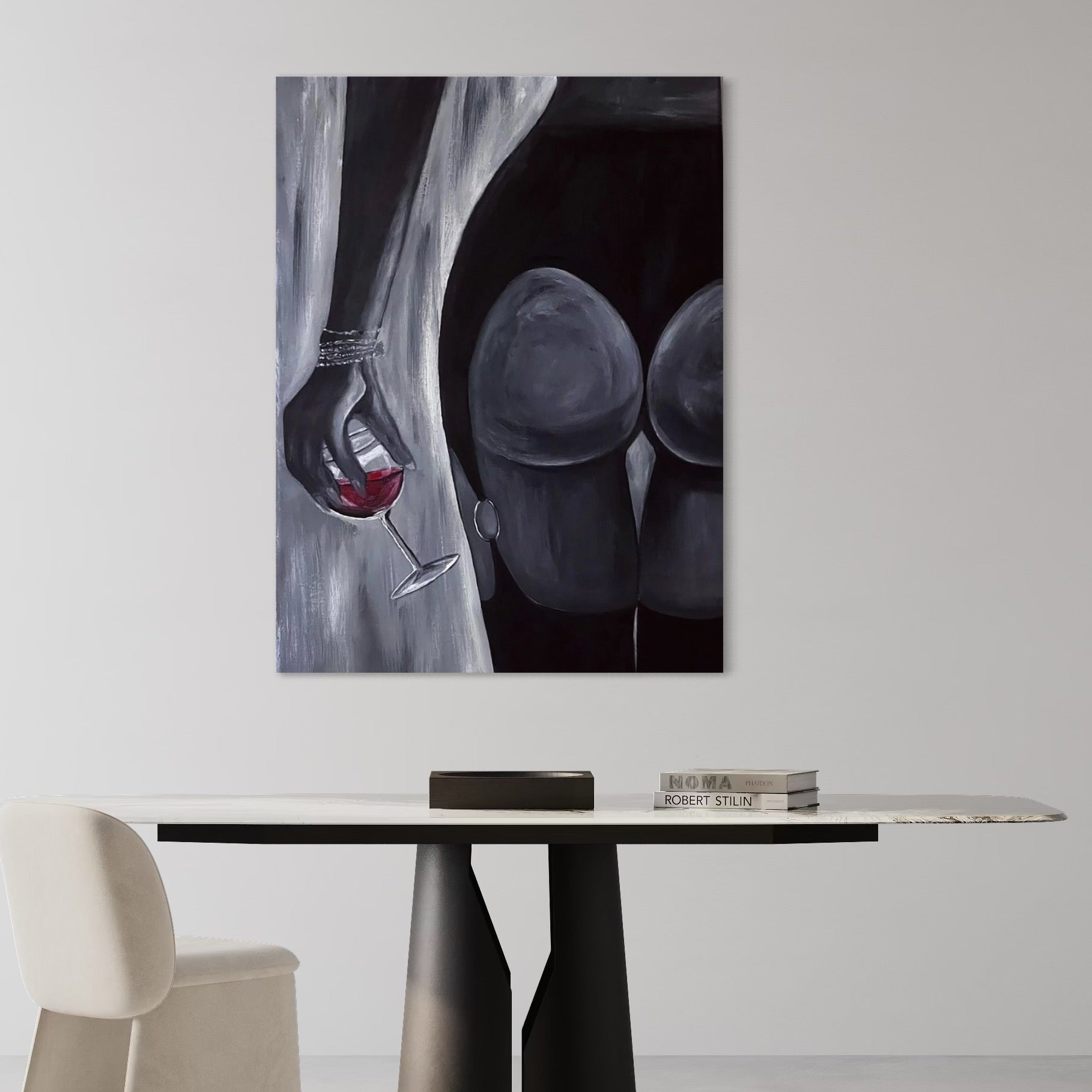 Tablou Canvas Premium, LuxCanva® P1040, Liniște cu Aroma de Vin, Pahar, Bautura, Vin, Rosu, Noapte, Umbra, Negru, Gri, Spate, Piele, Femeie, Dorinta, Pasiune, Sexy, Living, Dormitor