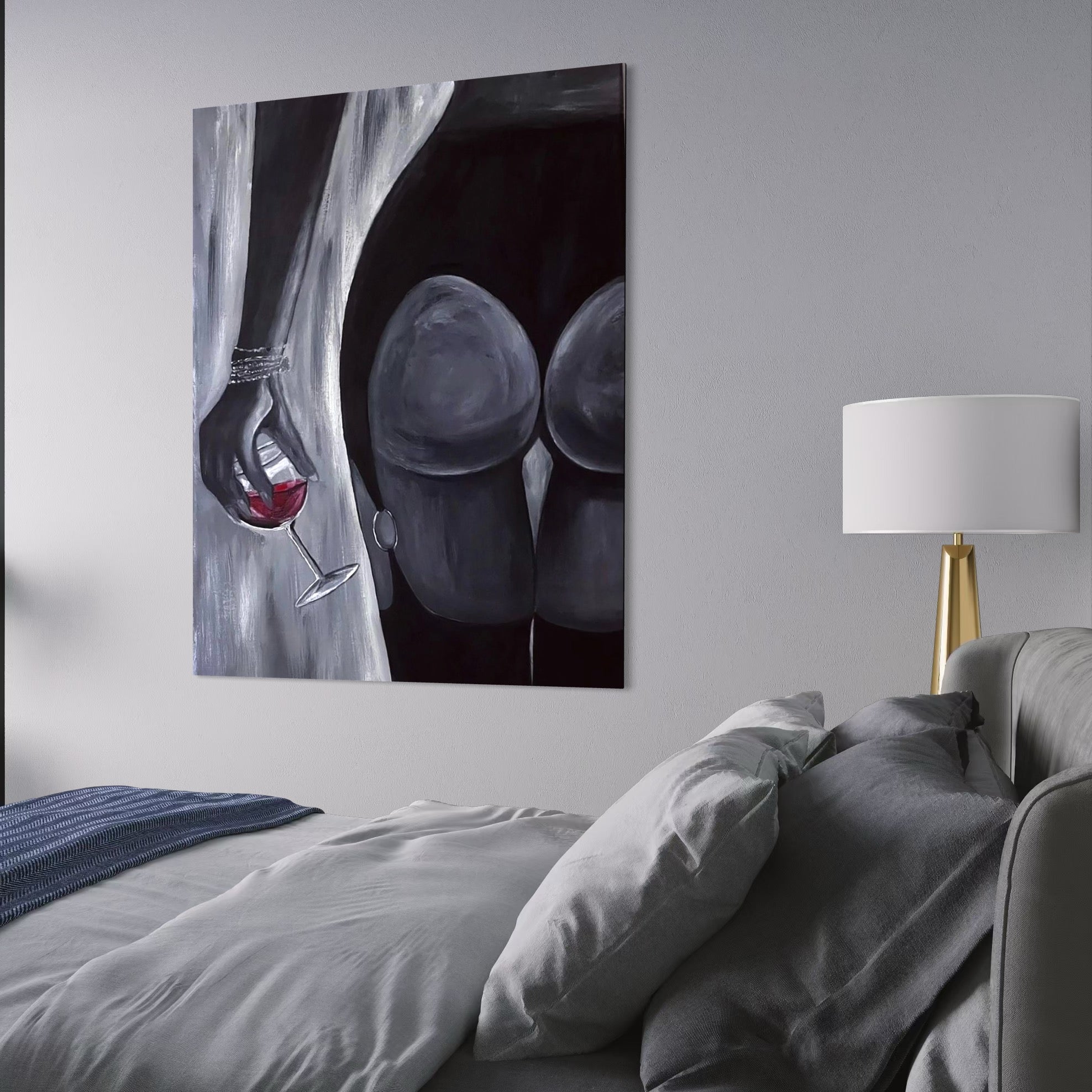 Tablou Canvas Premium, LuxCanva® P1040, Liniște cu Aroma de Vin, Pahar, Bautura, Vin, Rosu, Noapte, Umbra, Negru, Gri, Spate, Piele, Femeie, Dorinta, Pasiune, Sexy, Living, Dormitor