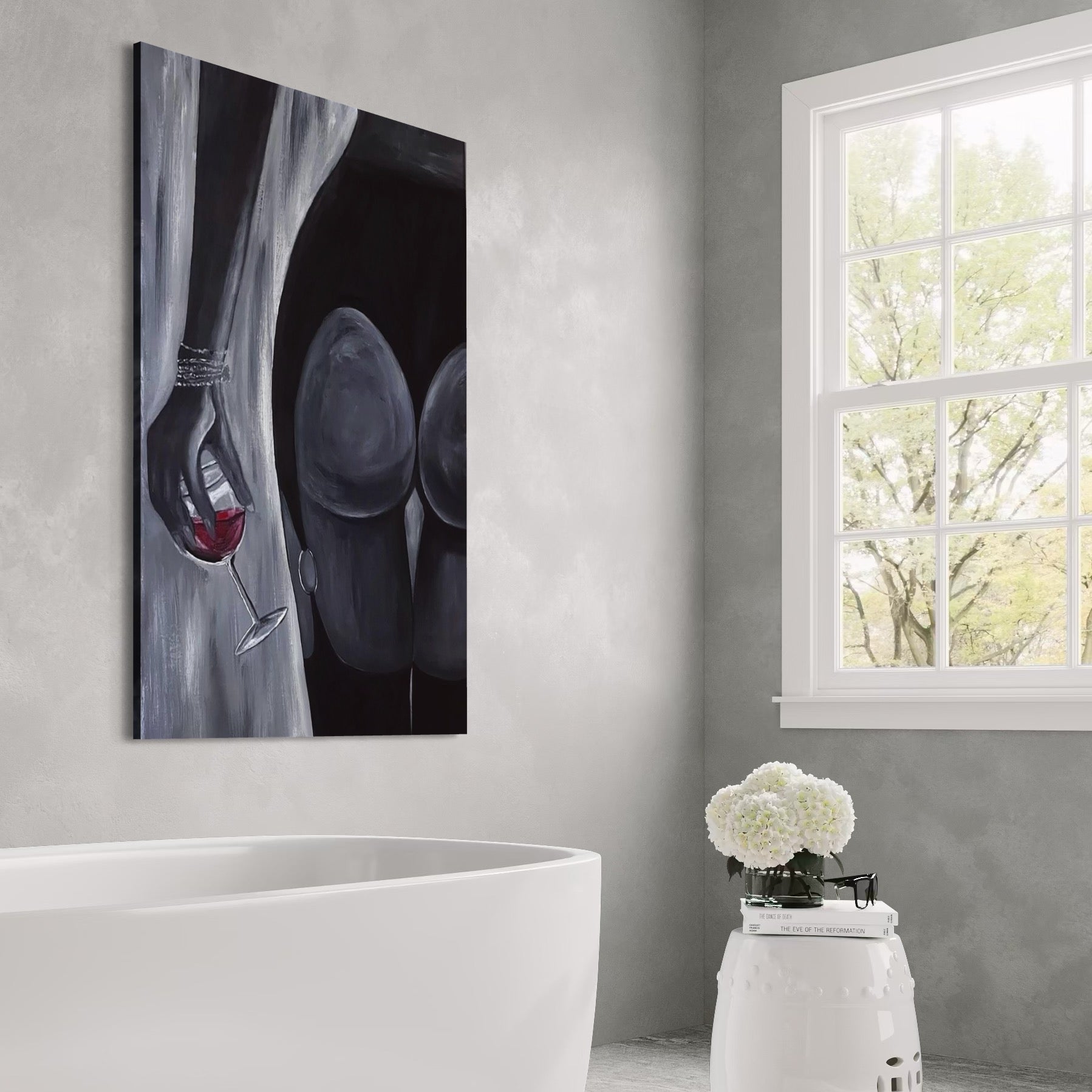 Tablou Canvas Premium, LuxCanva® P1040, Liniște cu Aroma de Vin, Pahar, Bautura, Vin, Rosu, Noapte, Umbra, Negru, Gri, Spate, Piele, Femeie, Dorinta, Pasiune, Sexy, Living, Dormitor