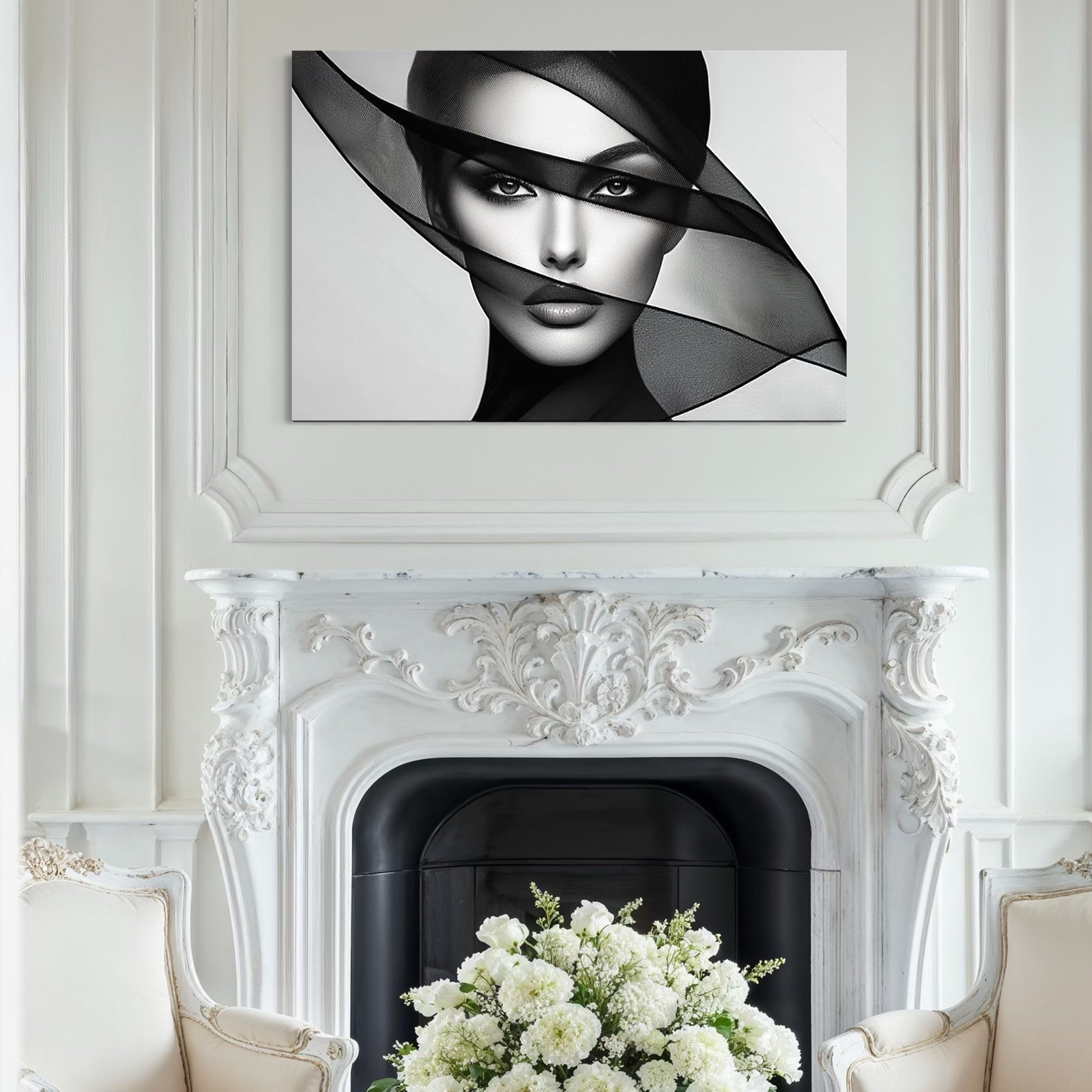 Tablou Canvas Premium, LuxCanva® P1042, Voalul Care Dezvaluie, Voal, Negru, Privire, Ascuns, Feminitate, Minimalism, Tacere, Gratie, Intunecat, Dorinta, Frumusete, Living, Dormitor