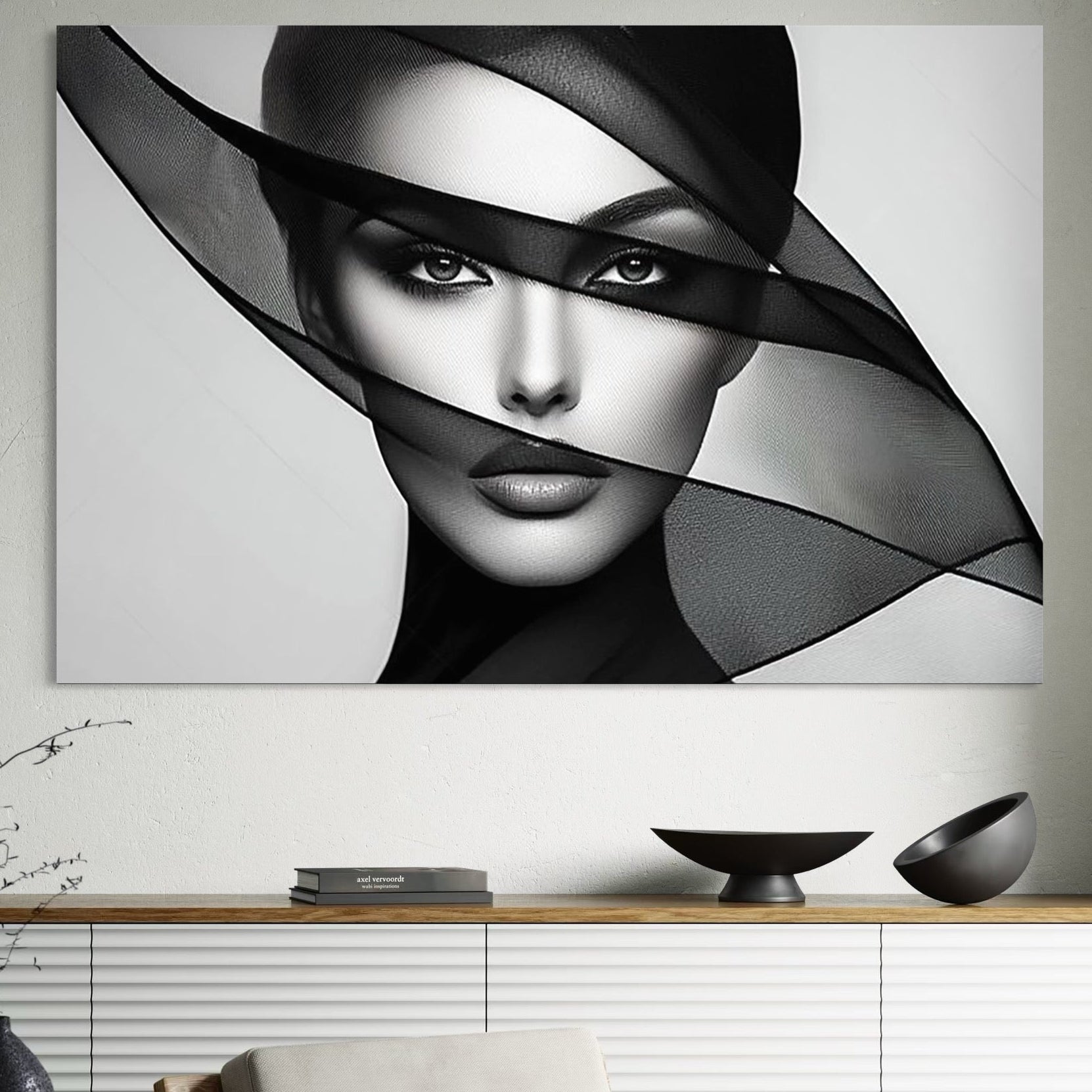 Tablou Canvas Premium, LuxCanva® P1042, Voalul Care Dezvaluie, Voal, Negru, Privire, Ascuns, Feminitate, Minimalism, Tacere, Gratie, Intunecat, Dorinta, Frumusete, Living, Dormitor