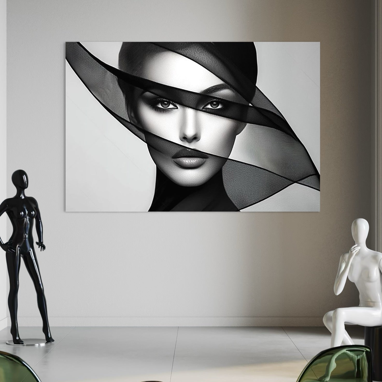 Tablou Canvas Premium, LuxCanva® P1042, Voalul Care Dezvaluie, Voal, Negru, Privire, Ascuns, Feminitate, Minimalism, Tacere, Gratie, Intunecat, Dorinta, Frumusete, Living, Dormitor