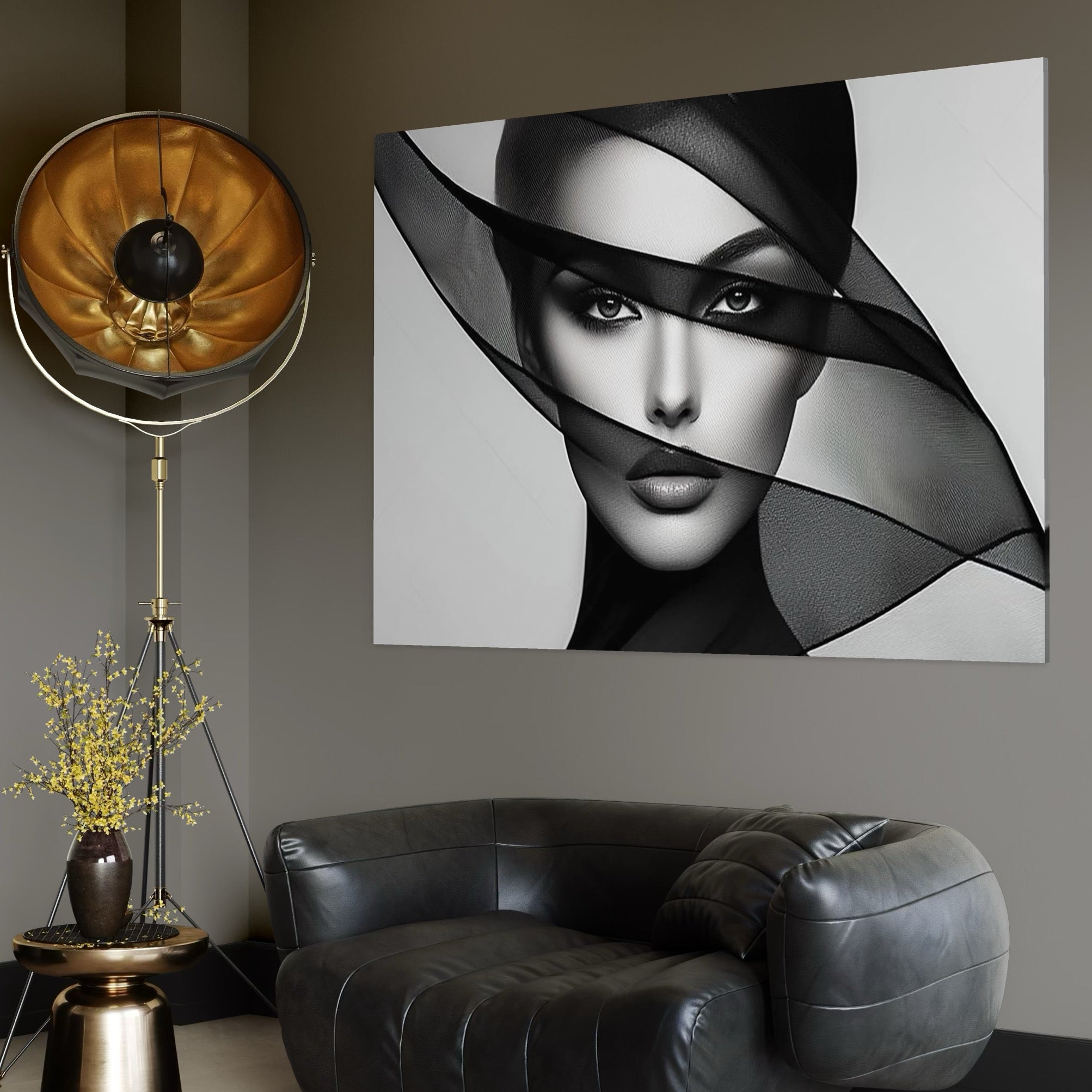 Tablou Canvas Premium, LuxCanva® P1042, Voalul Care Dezvaluie, Voal, Negru, Privire, Ascuns, Feminitate, Minimalism, Tacere, Gratie, Intunecat, Dorinta, Frumusete, Living, Dormitor