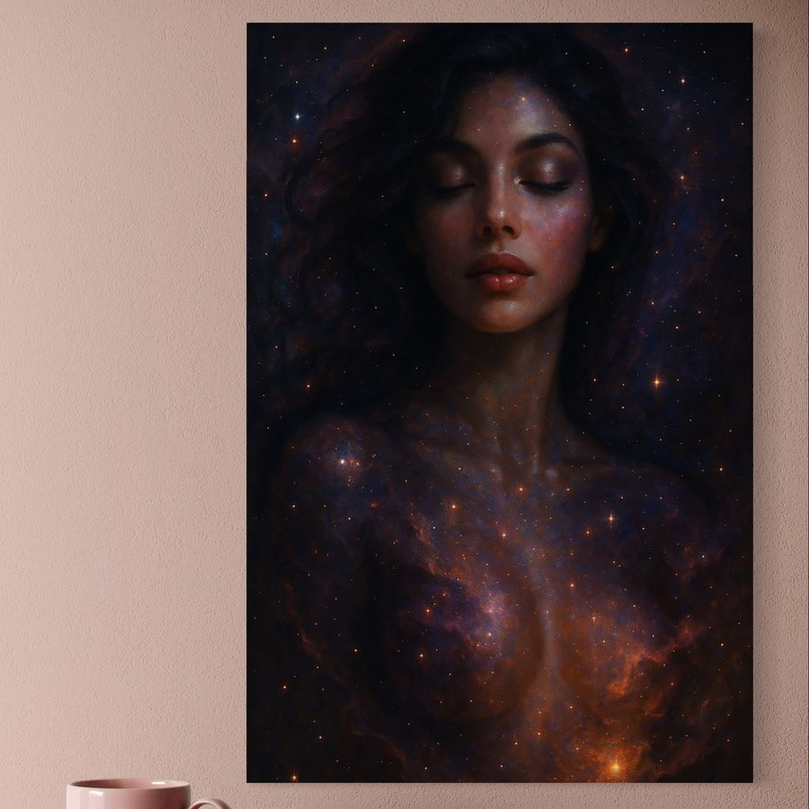 Tabloul Canvas Premium LuxCanva® P1043 "În Brațele Universului" redă o femeie senină, contopită cu un univers cosmic, printat pe pânză de bumbac premium și expus pe un perete roz pal deasupra unei căni roz.
