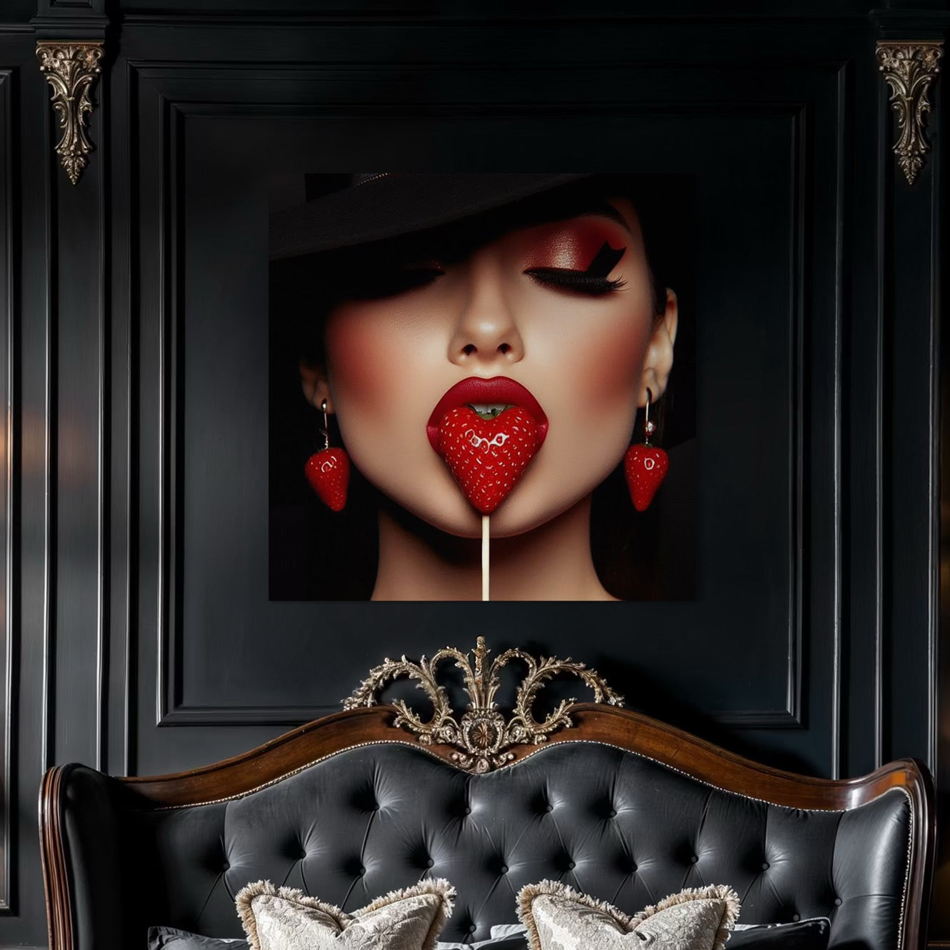 Tablou Canvas Premium, LuxCanva® P1044, Sarutul Capsunii, Sarut, Tentatie, Rosie, Buze, Fruct, Capsuna, Aroma, Gust, Seductie, Glam, Provocator, Senzualitate, Living, Dormitor