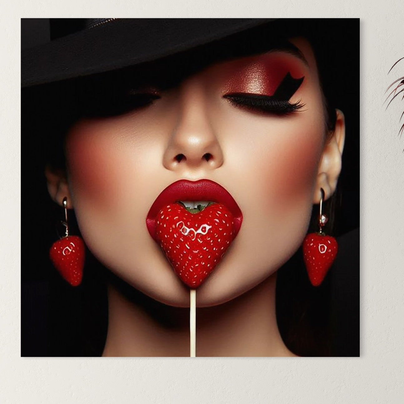 Tablou Canvas Premium, LuxCanva® P1044, Sarutul Capsunii, Sarut, Tentatie, Rosie, Buze, Fruct, Capsuna, Aroma, Gust, Seductie, Glam, Provocator, Senzualitate, Living, Dormitor