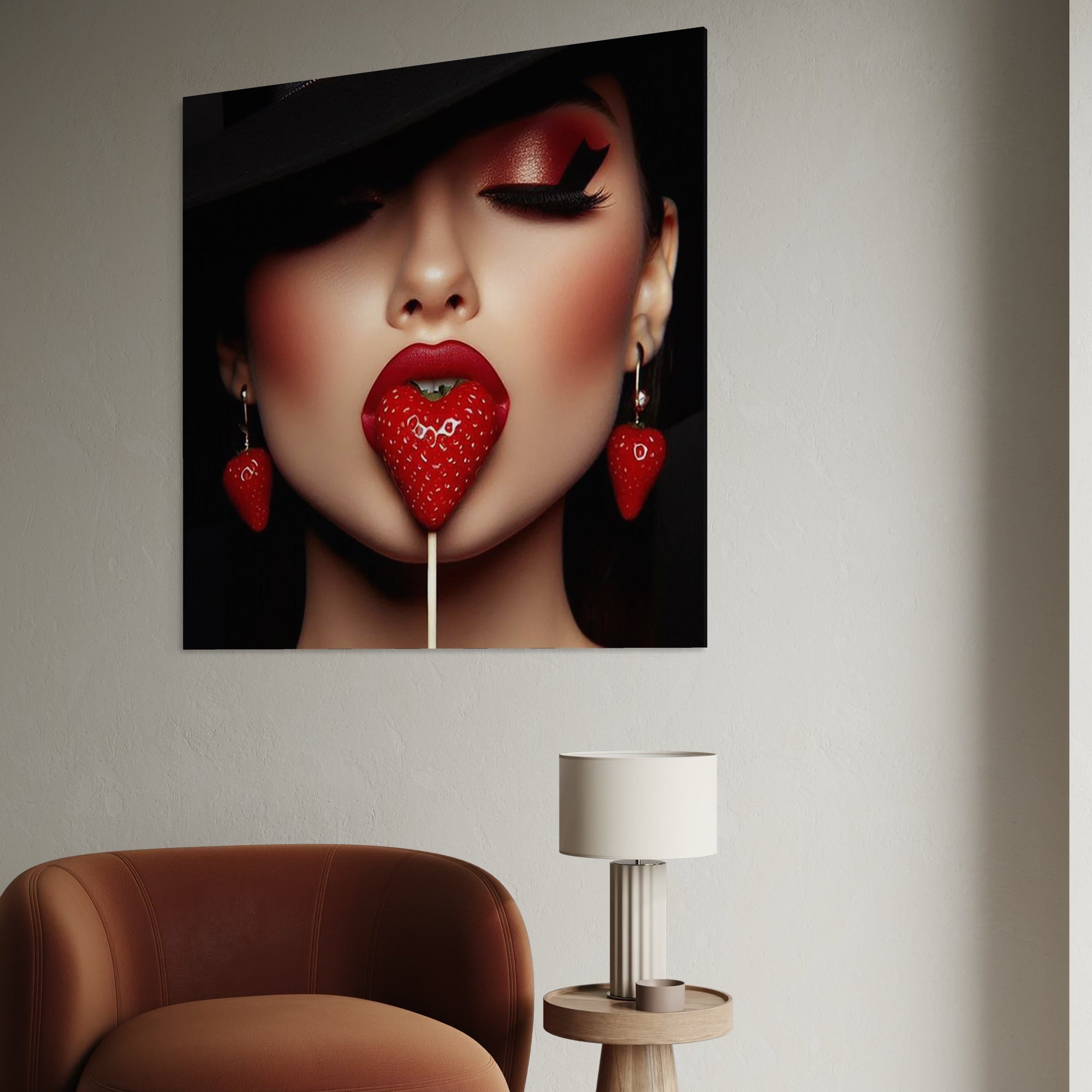 Tablou Canvas Premium, LuxCanva® P1044, Sarutul Capsunii, Sarut, Tentatie, Rosie, Buze, Fruct, Capsuna, Aroma, Gust, Seductie, Glam, Provocator, Senzualitate, Living, Dormitor