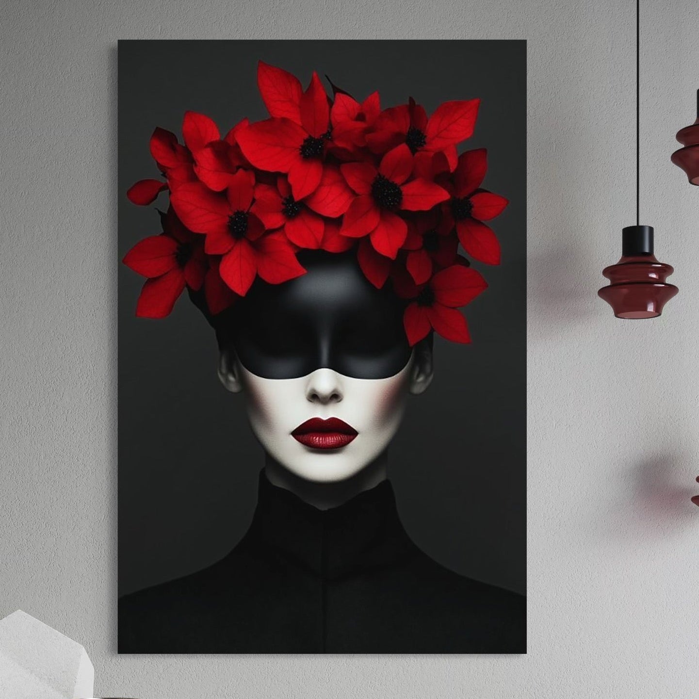 Tablou Canvas Premium, LuxCanva® P1046, Imparateasa in Negru si Rosu, Regina, Intunecat, Rosu, Coroana, Flori, Regal, Dramatic, Masca, Feminitate, Iubire, Living, Dormitor
