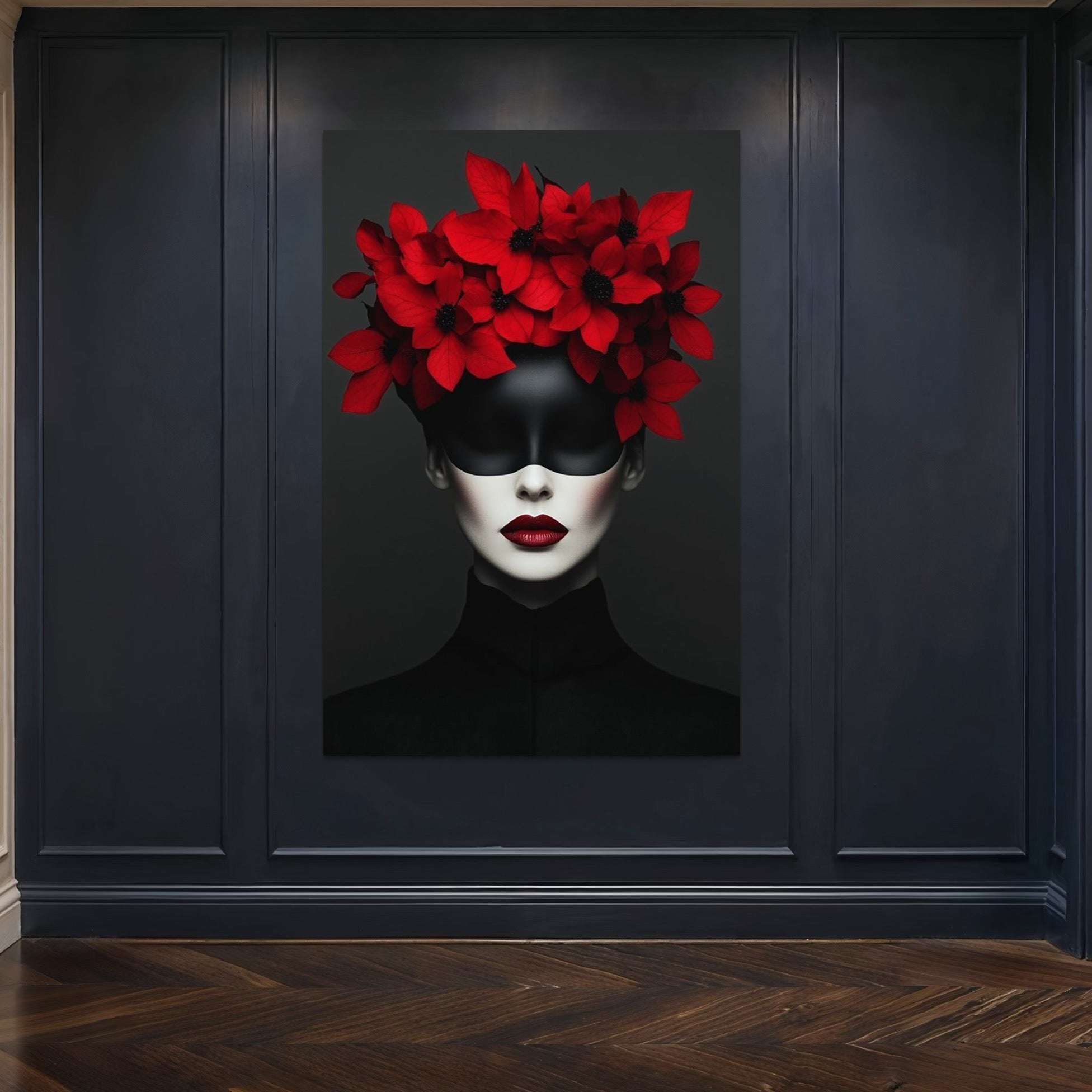 Tablou Canvas Premium, LuxCanva® P1046, Imparateasa in Negru si Rosu, Regina, Intunecat, Rosu, Coroana, Flori, Regal, Dramatic, Masca, Feminitate, Iubire, Living, Dormitor