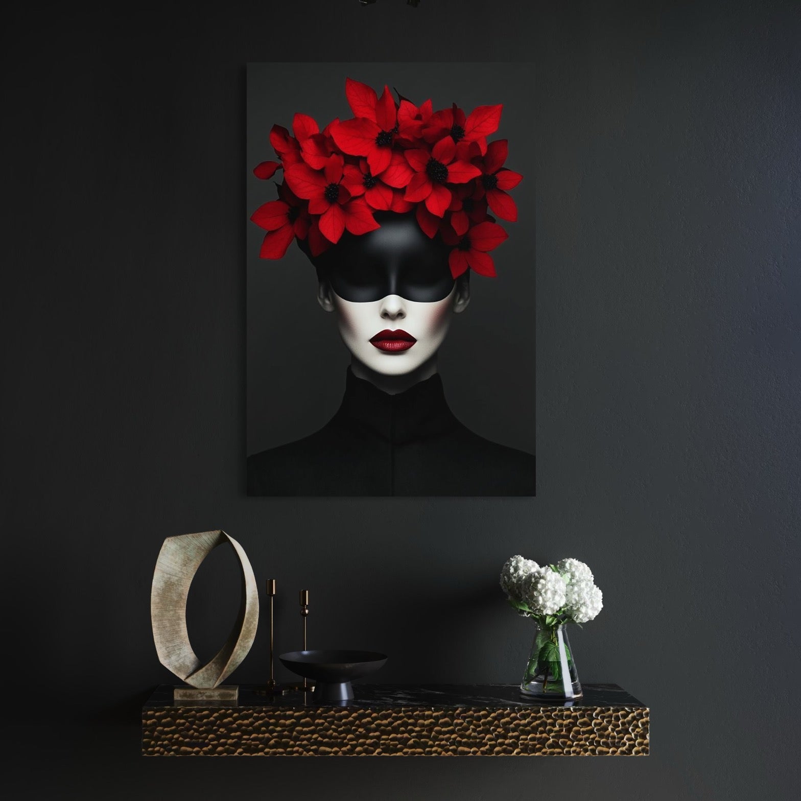 Tablou Canvas Premium, LuxCanva® P1046, Imparateasa in Negru si Rosu, Regina, Intunecat, Rosu, Coroana, Flori, Regal, Dramatic, Masca, Feminitate, Iubire, Living, Dormitor