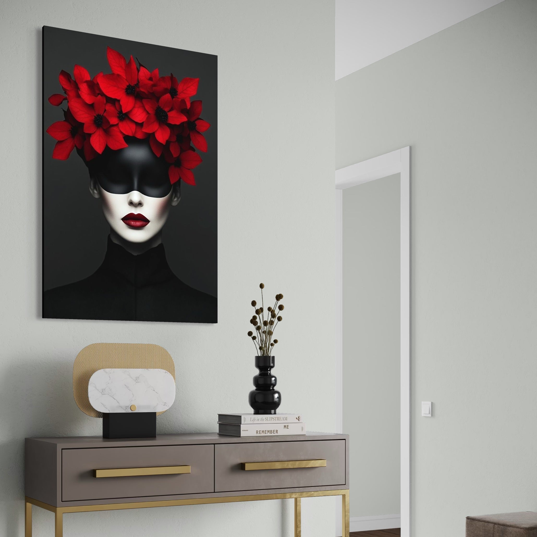 Tablou Canvas Premium, LuxCanva® P1046, Imparateasa in Negru si Rosu, Regina, Intunecat, Rosu, Coroana, Flori, Regal, Dramatic, Masca, Feminitate, Iubire, Living, Dormitor