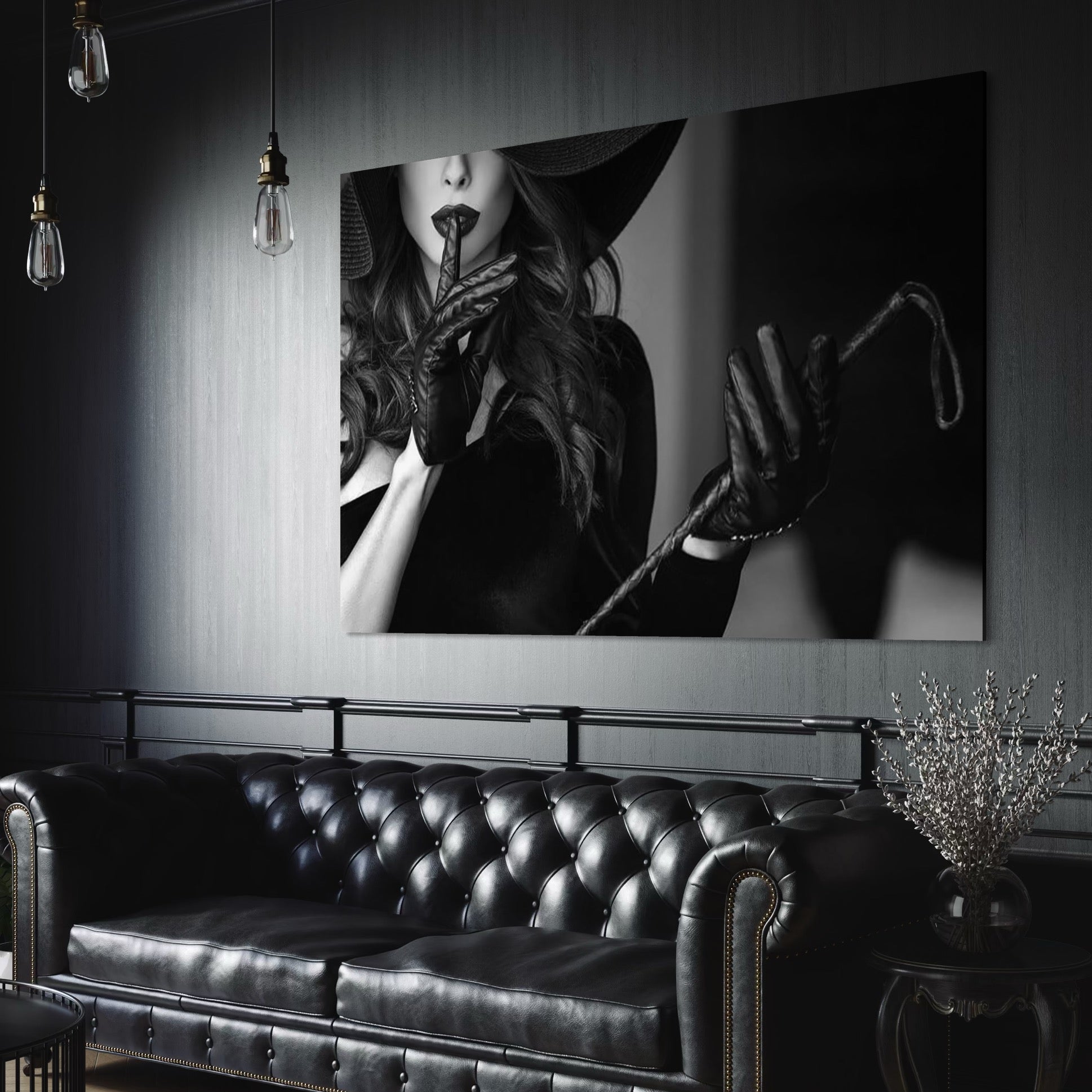 Tablou Canvas Premium, LuxCanva® P1047, Puterea din Mănuși, Autoritate, Manusi, Eleganta, Palarie, Putere, Feminina, Teatralitate, Senzualitate, Provocare, Sexy, Living, Dormitor