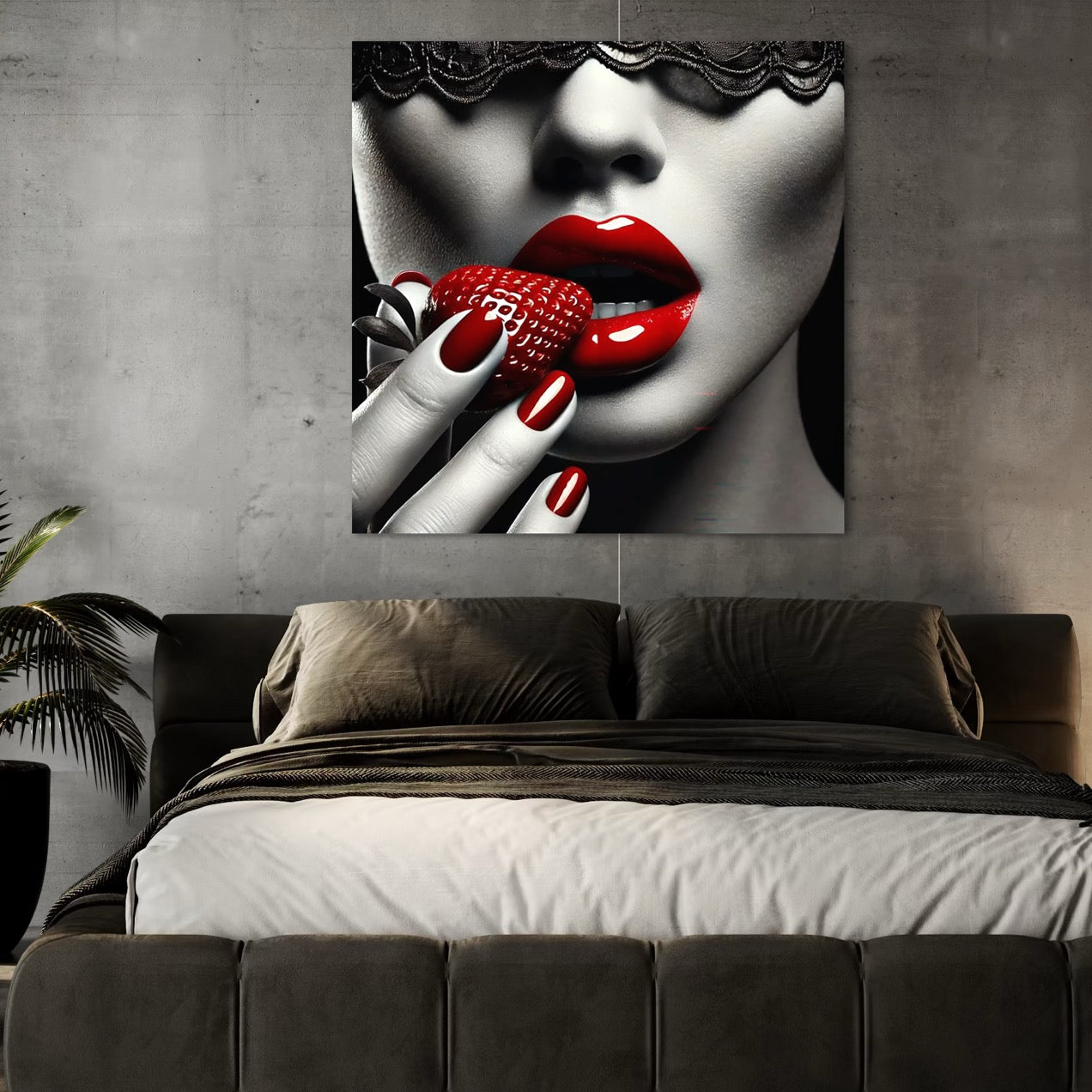 Tablou Canvas Premium, LuxCanva® P1051, Gustul Pacatului, Tentatie, Rosu, Capsuna, Gust, Interzis, Dulce, Dantela, Sarut, Alb, Negru, Tentant, Dramatic, Mister, Living, Dormitor