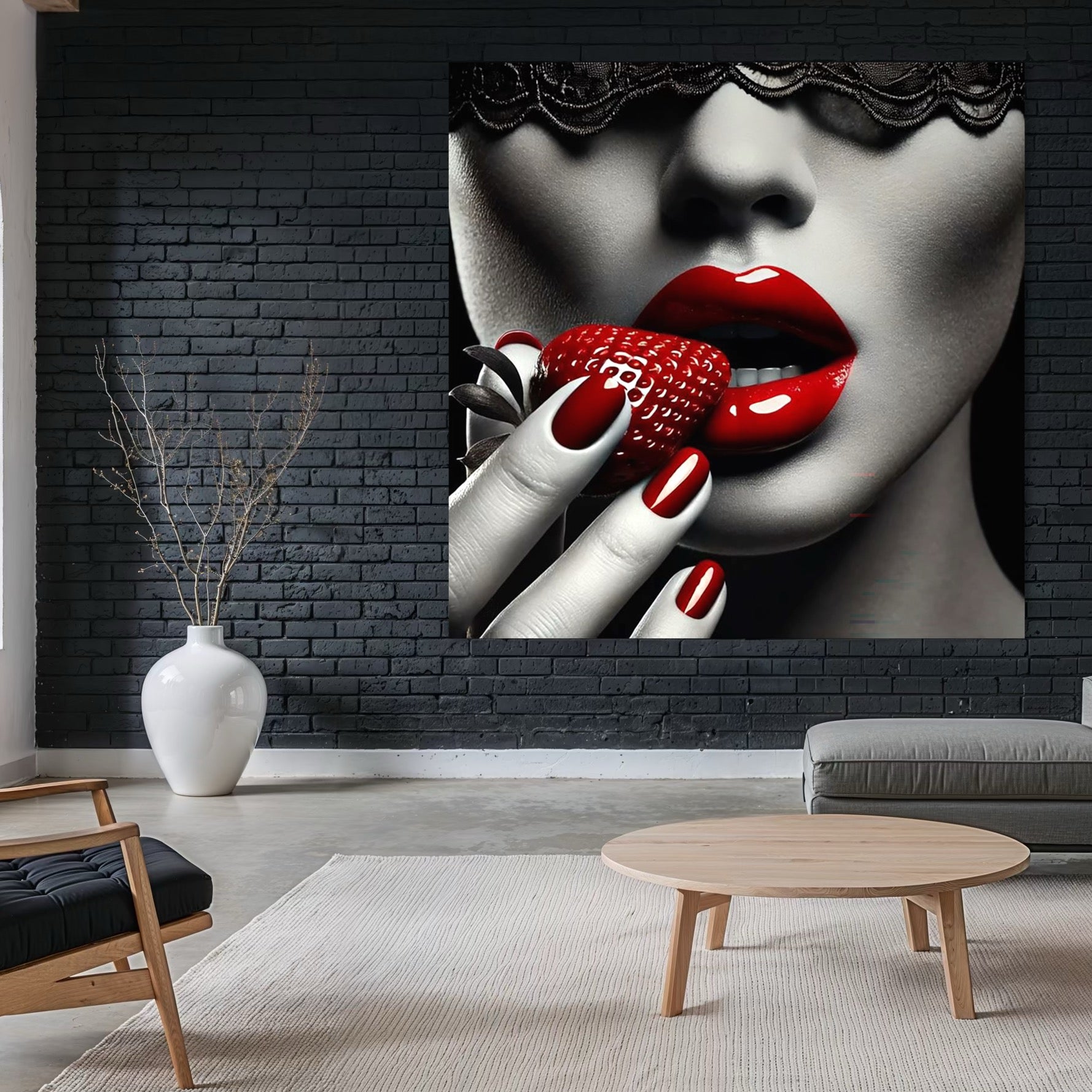 Tablou Canvas Premium, LuxCanva® P1051, Gustul Pacatului, Tentatie, Rosu, Capsuna, Gust, Interzis, Dulce, Dantela, Sarut, Alb, Negru, Tentant, Dramatic, Mister, Living, Dormitor