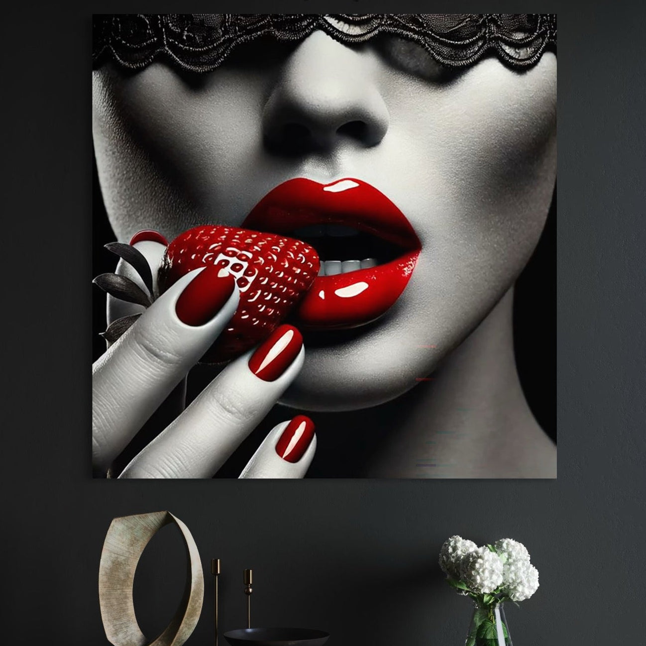 Tablou Canvas Premium, LuxCanva® P1051, Gustul Pacatului, Tentatie, Rosu, Capsuna, Gust, Interzis, Dulce, Dantela, Sarut, Alb, Negru, Tentant, Dramatic, Mister, Living, Dormitor