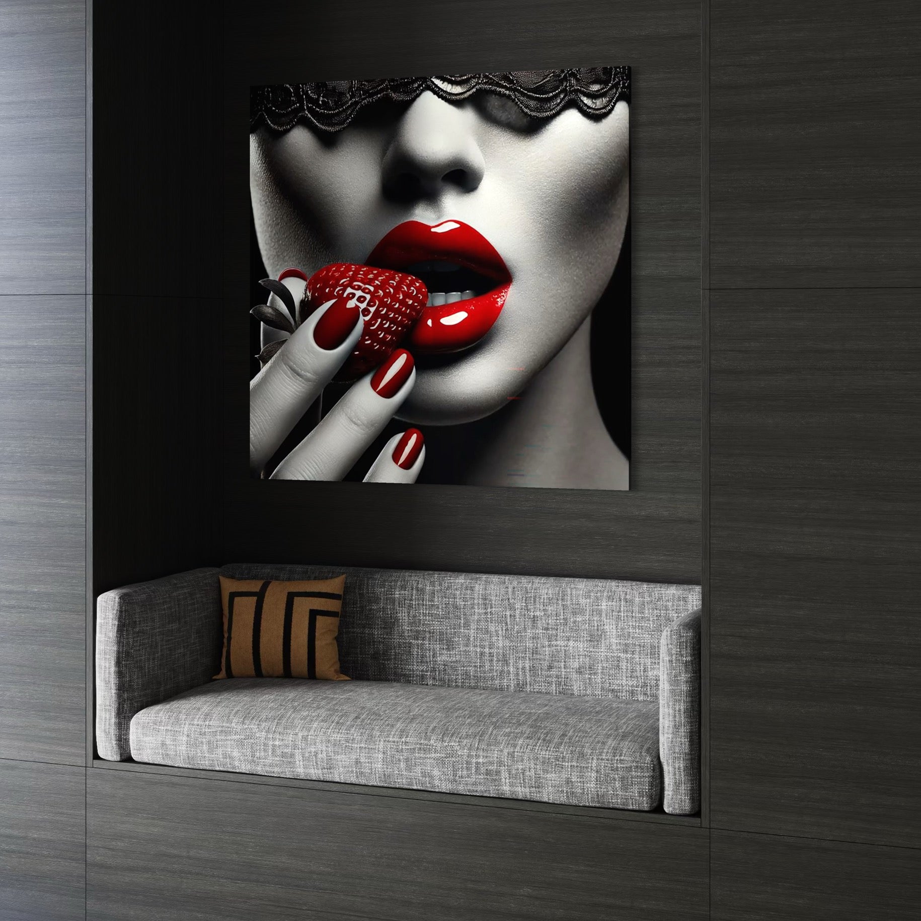 Tablou Canvas Premium, LuxCanva® P1051, Gustul Pacatului, Tentatie, Rosu, Capsuna, Gust, Interzis, Dulce, Dantela, Sarut, Alb, Negru, Tentant, Dramatic, Mister, Living, Dormitor