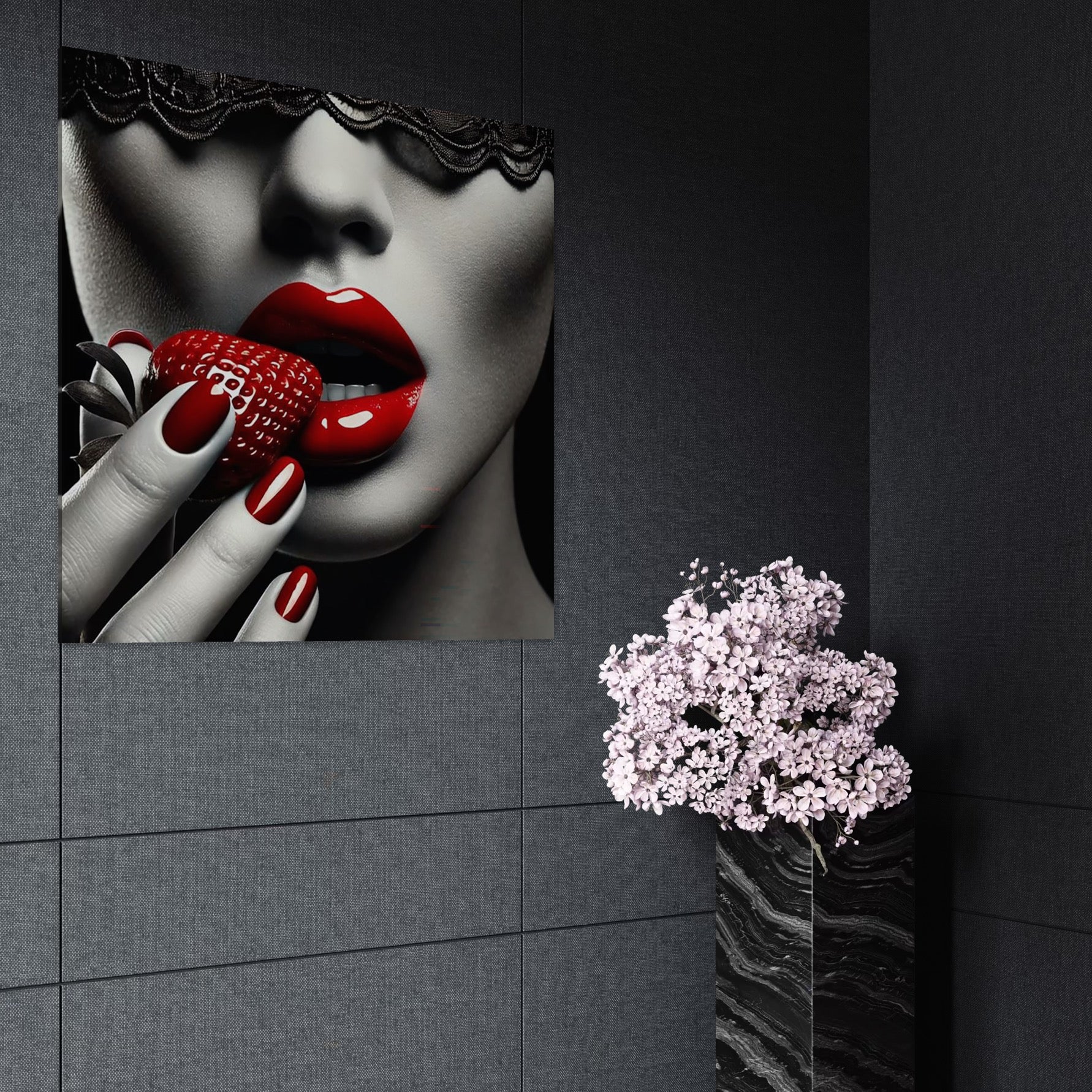 Tablou Canvas Premium, LuxCanva® P1051, Gustul Pacatului, Tentatie, Rosu, Capsuna, Gust, Interzis, Dulce, Dantela, Sarut, Alb, Negru, Tentant, Dramatic, Mister, Living, Dormitor