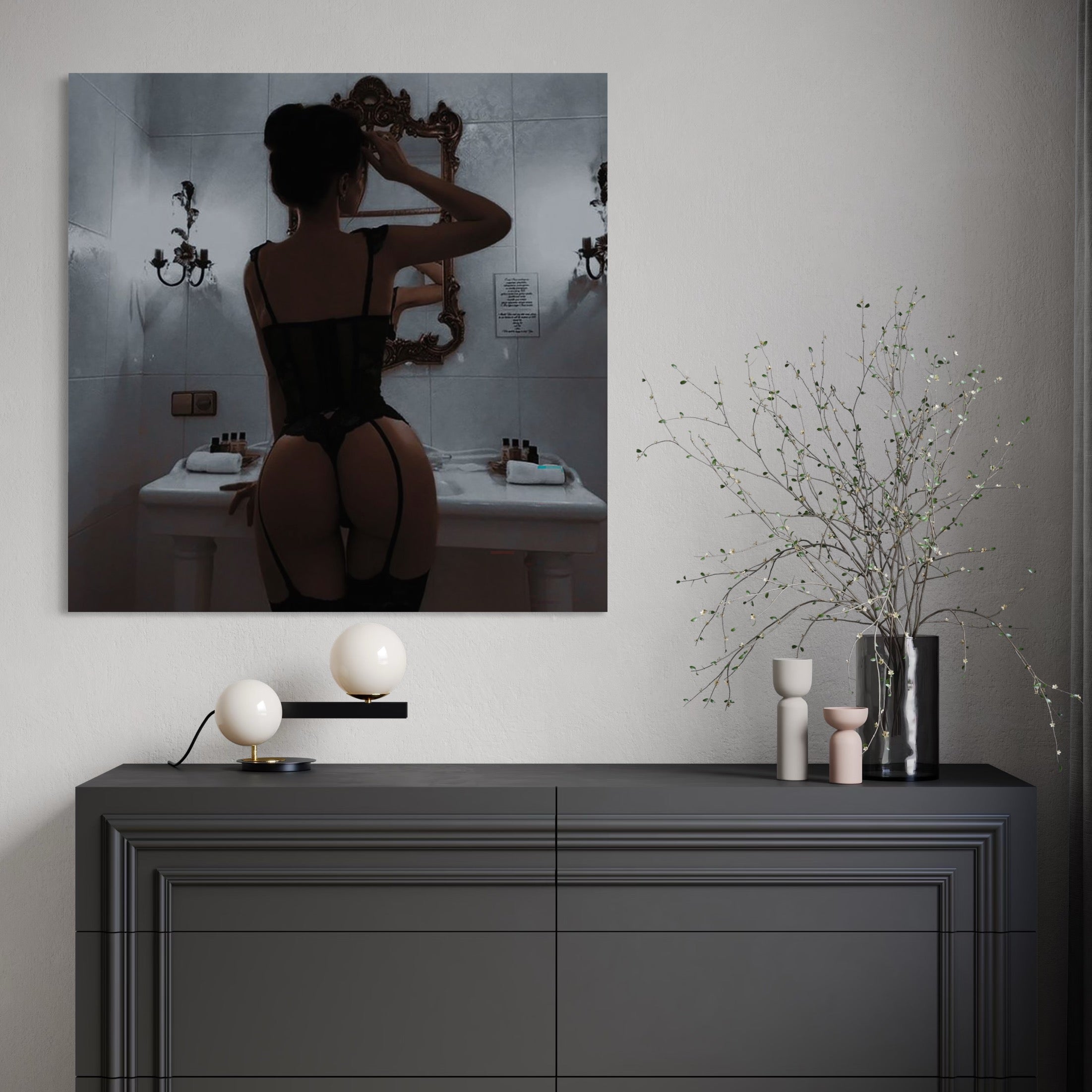 Tablou Canvas Premium, LuxCanva® P1053, Moment de Intimitate,  Silueta, Oglinda, Atmosfera, Intim, Eleganta, Umbre, Lenjerie, Boudoir, Reflectie, Estetica, Vintage, Living, Dormitor