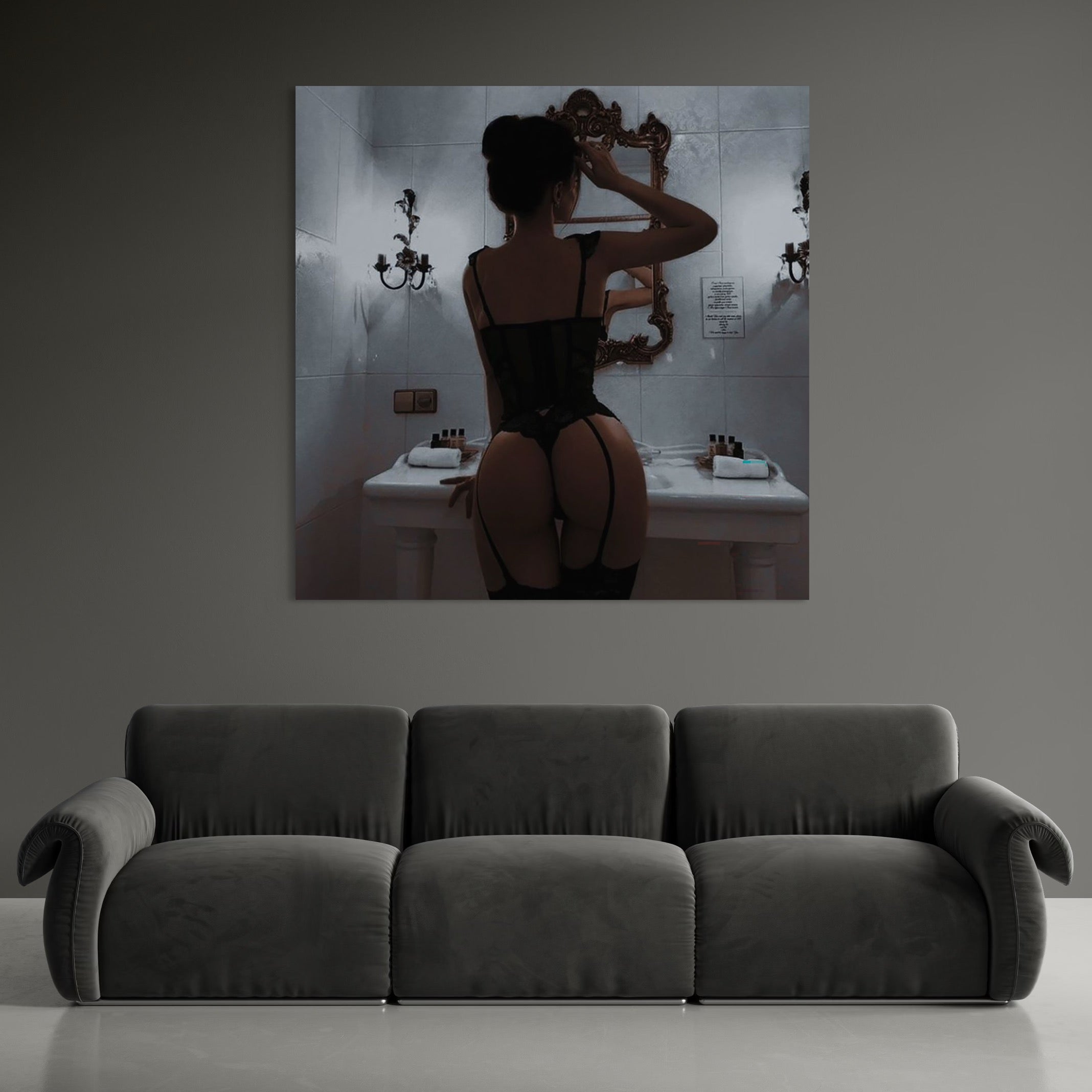 Tablou Canvas Premium, LuxCanva® P1053, Moment de Intimitate,  Silueta, Oglinda, Atmosfera, Intim, Eleganta, Umbre, Lenjerie, Boudoir, Reflectie, Estetica, Vintage, Living, Dormitor