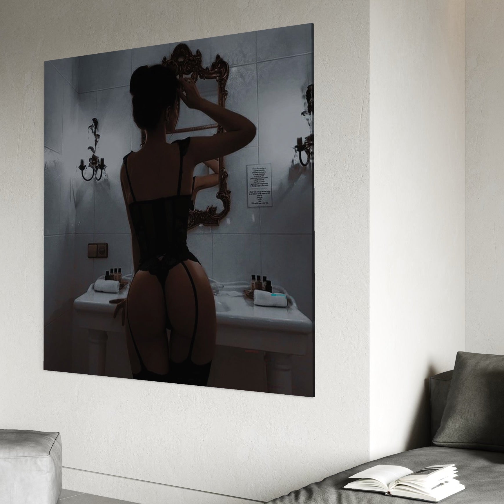 Tablou Canvas Premium, LuxCanva® P1053, Moment de Intimitate,  Silueta, Oglinda, Atmosfera, Intim, Eleganta, Umbre, Lenjerie, Boudoir, Reflectie, Estetica, Vintage, Living, Dormitor