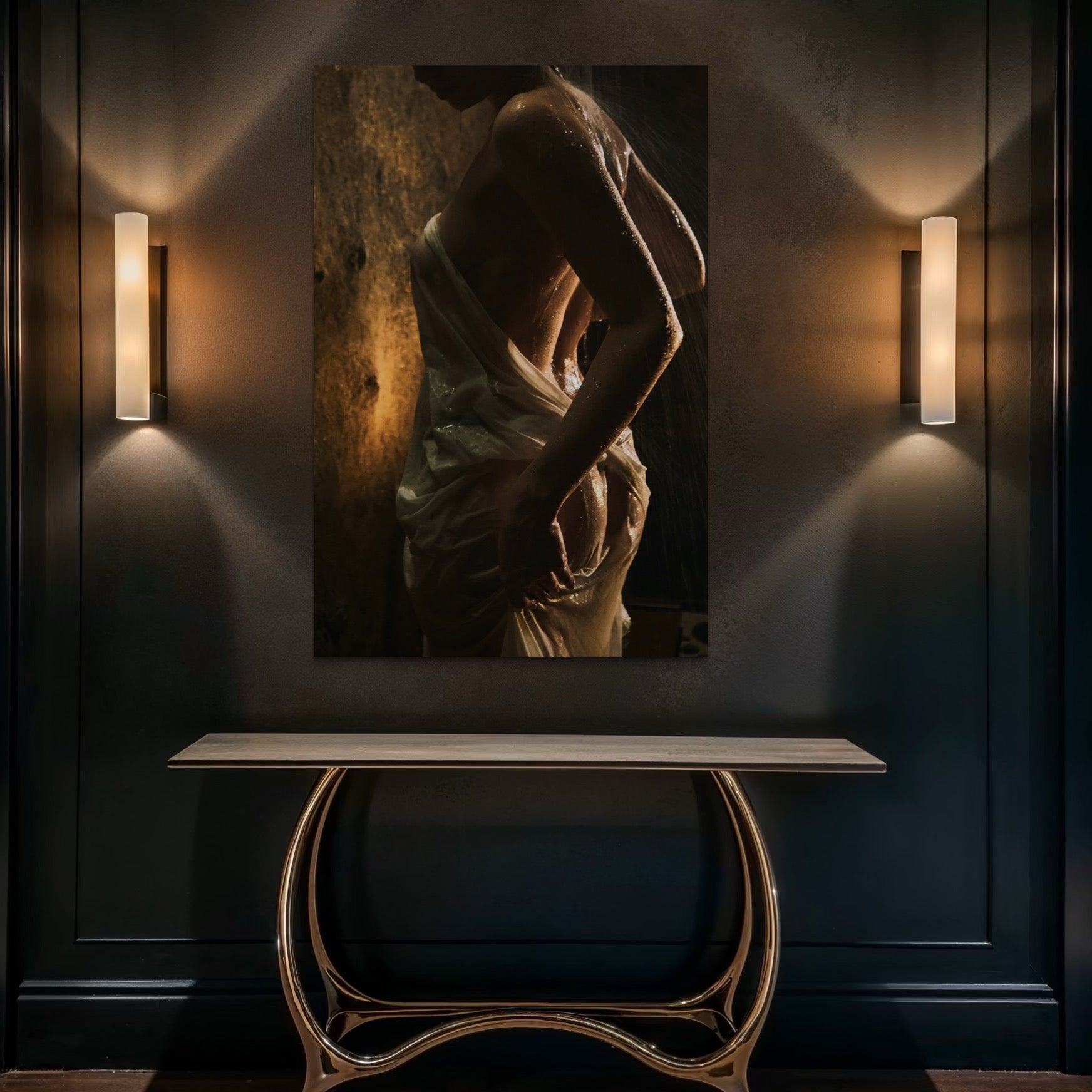 Tablou Canvas Premium, LuxCanva® P1054, Invelita in Apa, Lumina, Calda, Apa, Textura, Umbre, Umed, Ton, Auriu, Senzualitate, Sexy, Fluid, Stropi, Umbra, Miscare, Living, Dormitor