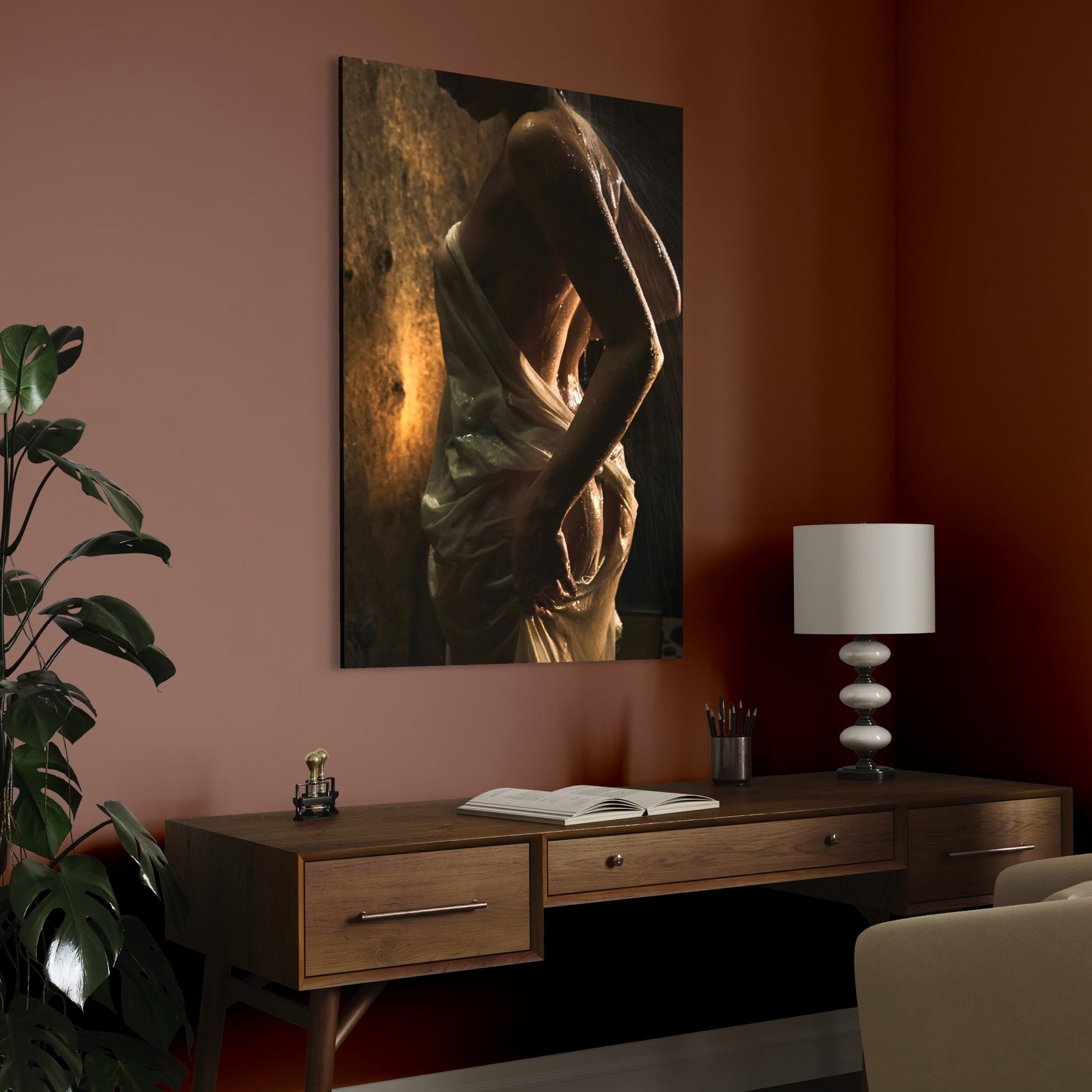 Tablou Canvas Premium, LuxCanva® P1054, Invelita in Apa, Lumina, Calda, Apa, Textura, Umbre, Umed, Ton, Auriu, Senzualitate, Sexy, Fluid, Stropi, Umbra, Miscare, Living, Dormitor