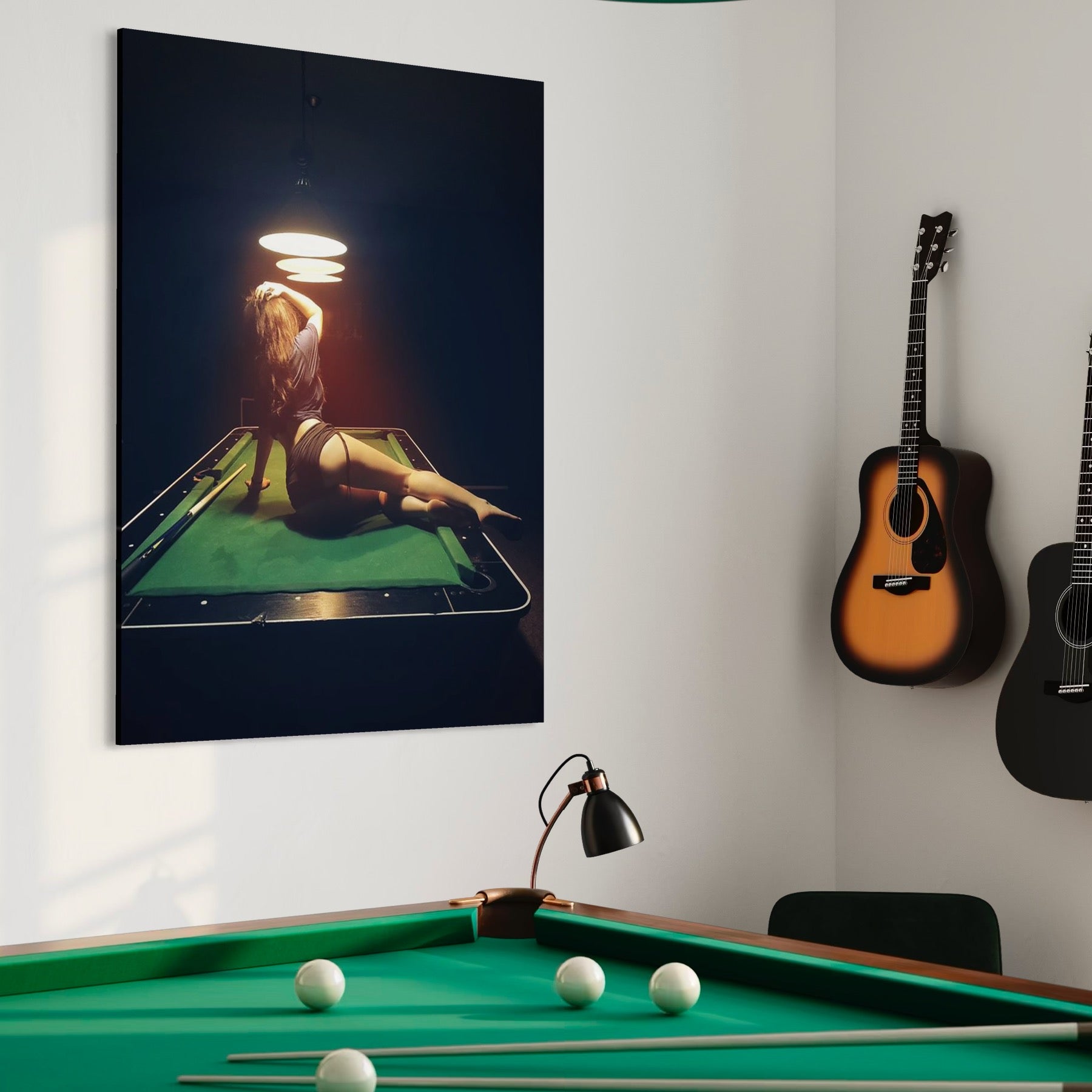 Tablou Canvas Premium, LuxCanva® P1056, Taina Biliardului,  Joc, Sala, Noapte, Masa, Verde, Silueta, Atmosfera, Distractie, Senzualitate, Cinematic, Tac, Bile, Seara, Living, Dormitor