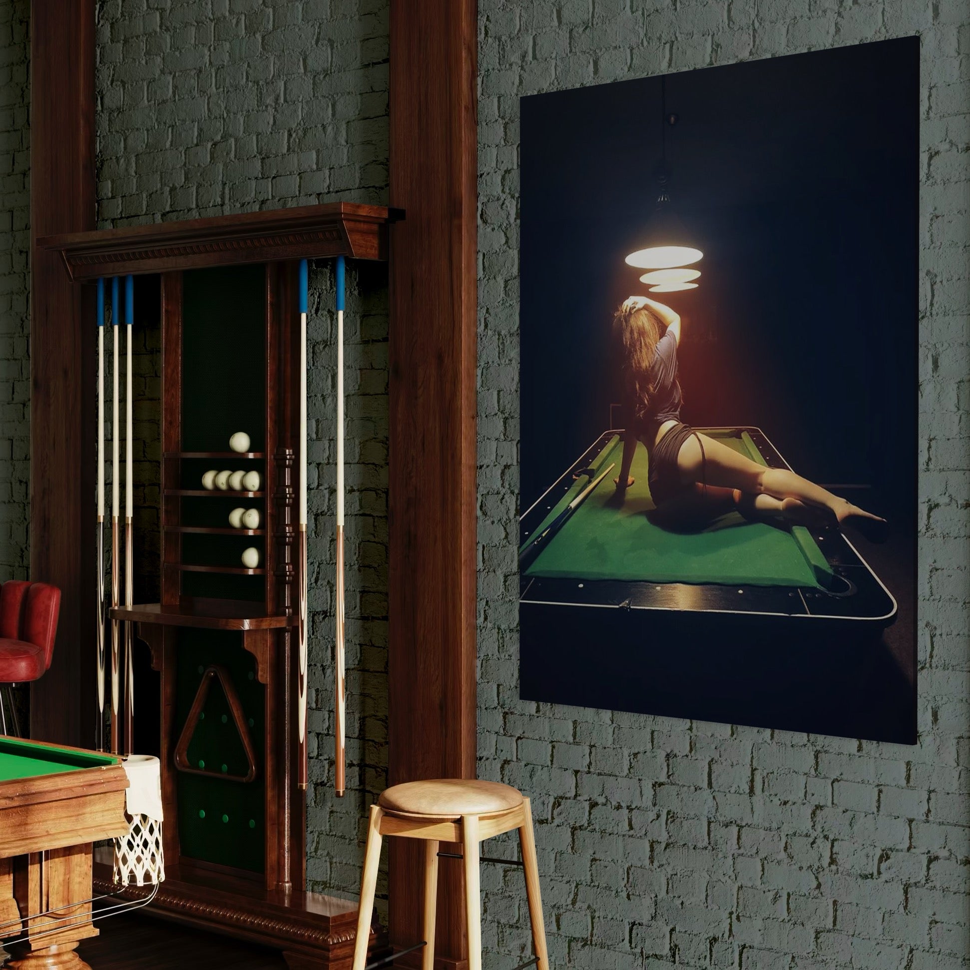 Tablou Canvas Premium, LuxCanva® P1056, Taina Biliardului,  Joc, Sala, Noapte, Masa, Verde, Silueta, Atmosfera, Distractie, Senzualitate, Cinematic, Tac, Bile, Seara, Living, Dormitor