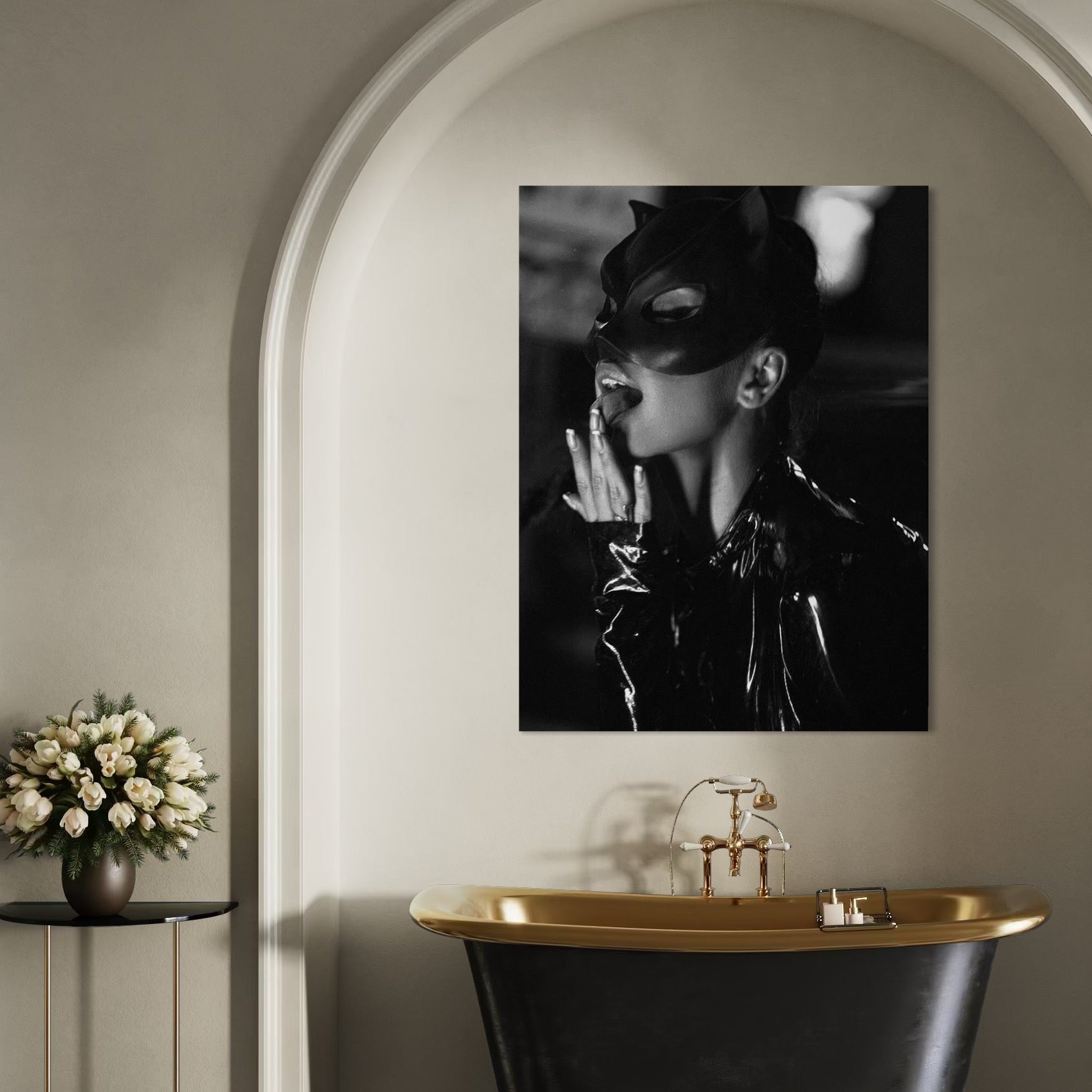 Tablou Canvas Premium, LuxCanva® P1058, Sub Semnul Felinei, Masca, Excentric, Identitate, Negru, Nocturn, Joc, Ritual, Felina, Costumatie, Senzuala, Provocatoare, Living, Dormitor