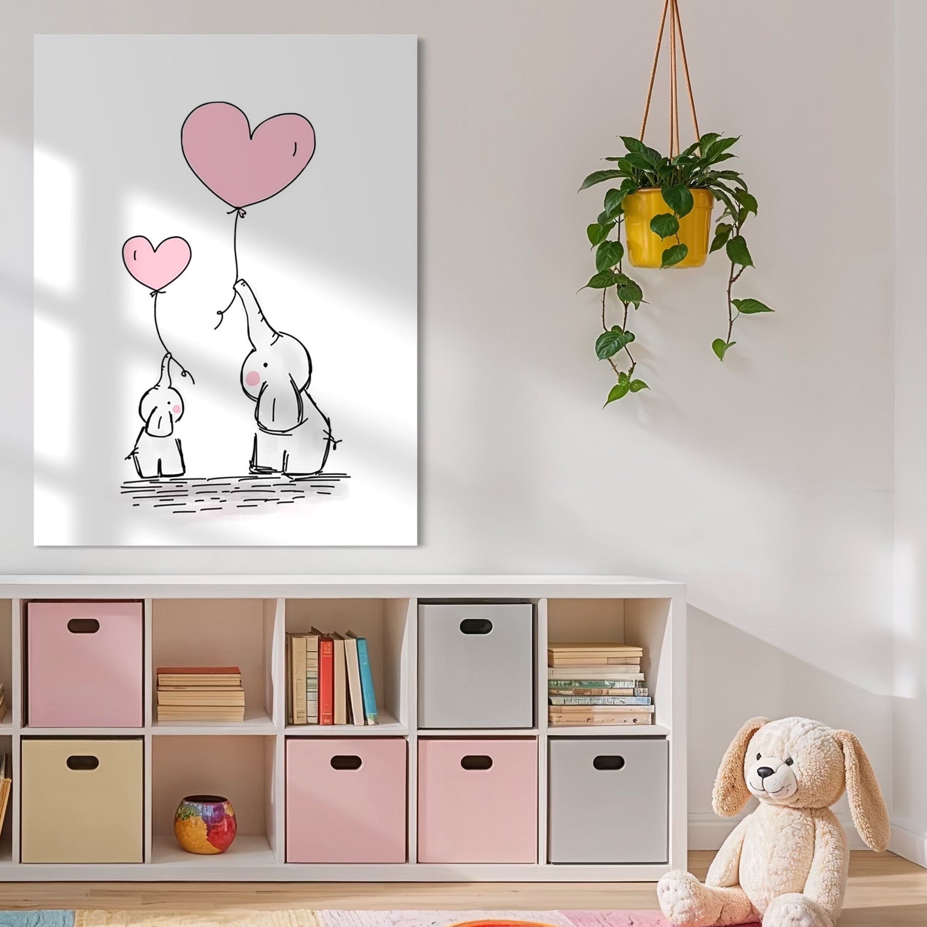 Tablou Canvas Premium, LuxCanva® K1030, Baloane de Afectiune, Legatura, Elefant, Inimi, Dragoste, Inocenta, Mic, Mare, Impreuna, Cer, Vant, Gingasie, Copilarie, Camera Copil, Dormitor