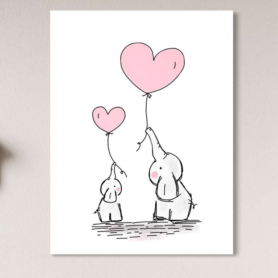 Tablou Canvas Premium LuxCanva® K1030, "Baloane de Afectiune", prezintă doi elefanți - unul mare oferind un balon inimă celui mic - pe fund alb, simbolizând dragostea și gingășia pentru camera copilului sau dormitor.