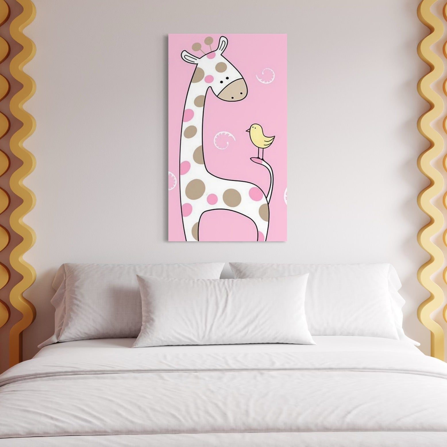 Tablou Canvas Premium, LuxCanva® K1031, Girafa si Puiul, Prietenie, Varf, Coada, Roz, Povesti, Zambete, Pastelat, Suflete, Joaca, Inocenta, Copil, Creativitate, Camera Copil, Dormitor