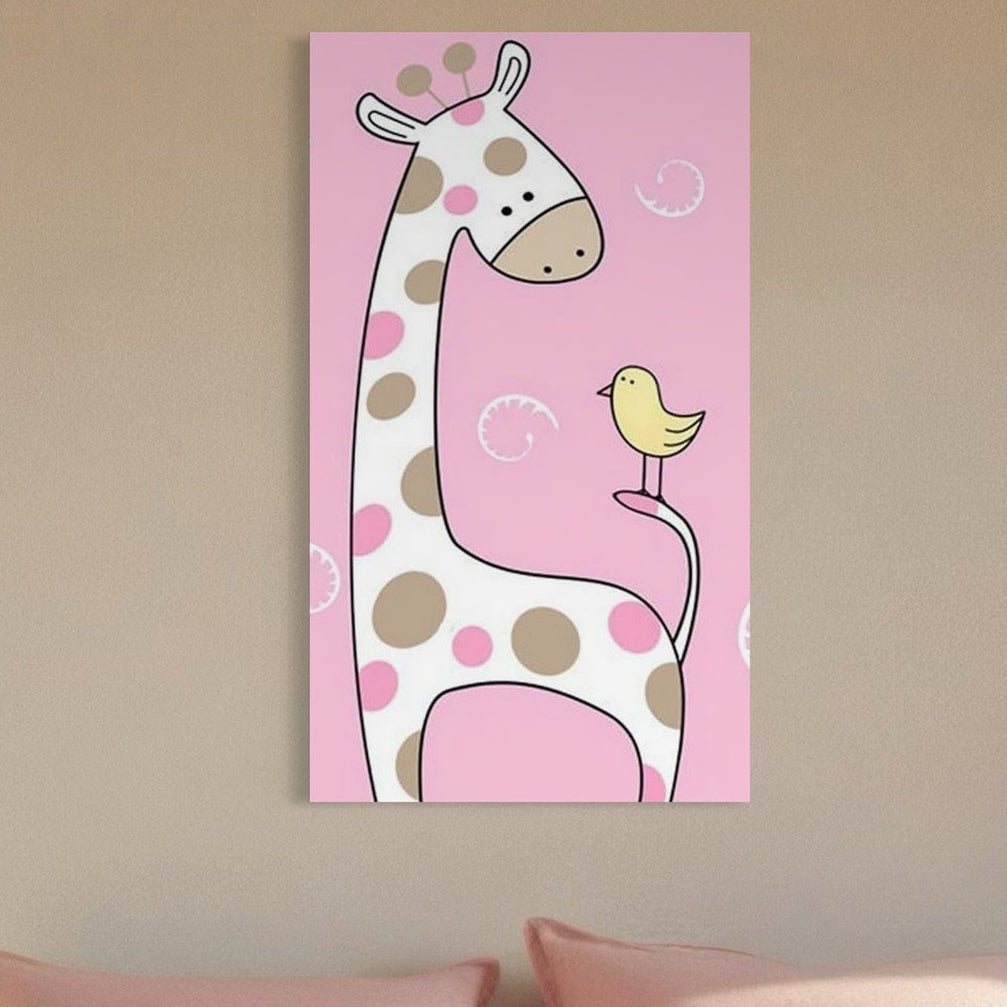 Tablou Canvas Premium, LuxCanva® K1031, Girafa si Puiul, Prietenie, Varf, Coada, Roz, Povesti, Zambete, Pastelat, Suflete, Joaca, Inocenta, Copil, Creativitate, Camera Copil, Dormitor