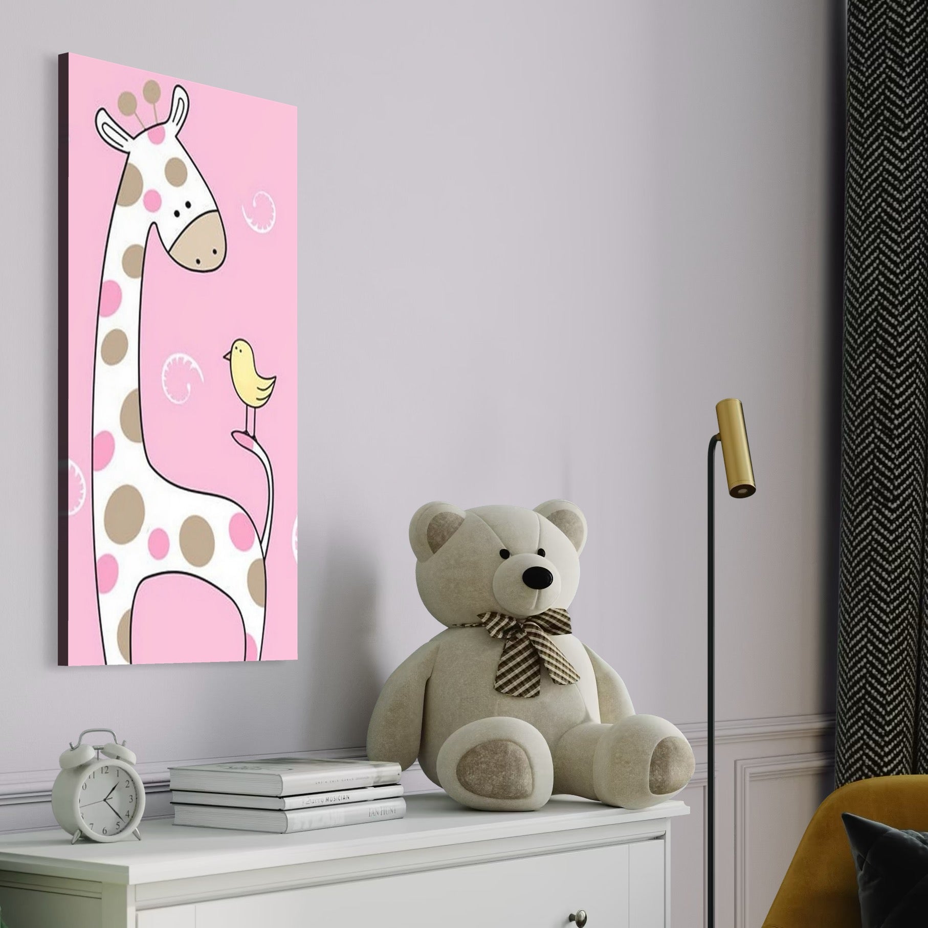 Tablou Canvas Premium, LuxCanva® K1031, Girafa si Puiul, Prietenie, Varf, Coada, Roz, Povesti, Zambete, Pastelat, Suflete, Joaca, Inocenta, Copil, Creativitate, Camera Copil, Dormitor