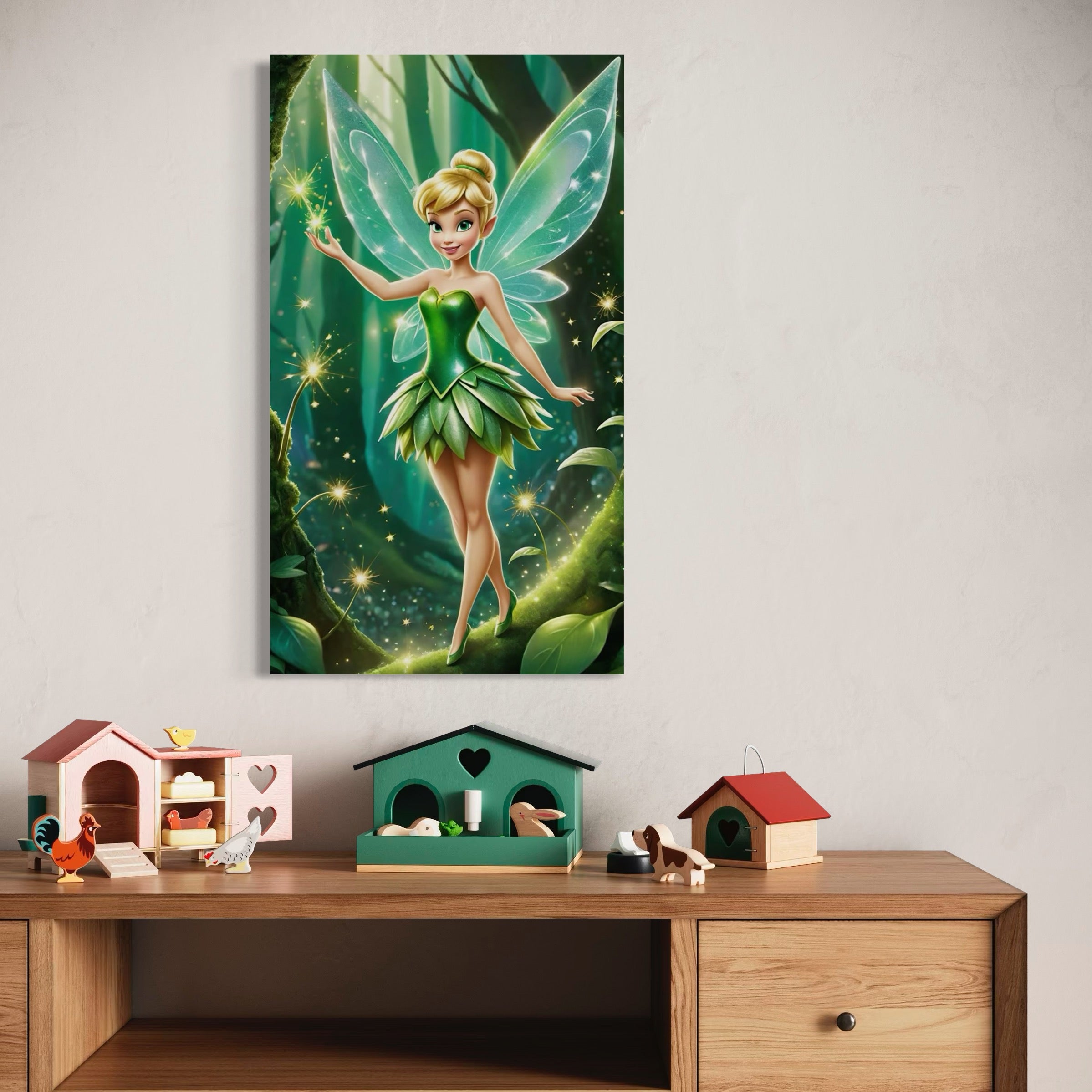 Tablou Canvas Premium, LuxCanva® K1032, Zana Smaraldului Fermecat, Tinker Bell, Personaj, Desene, Walt, Disney, Magie, Sclipire, Verde, Aripi, Taram, Basm, Camera Copil, Dormitor