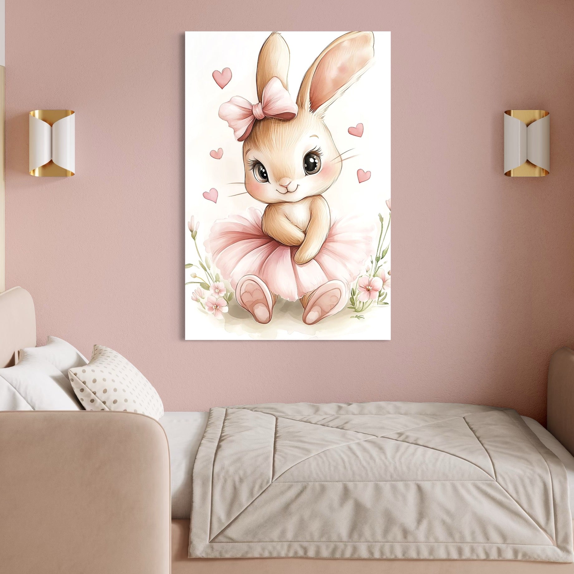 Tablou Canvas Premium, LuxCanva® K1033, Iepurasul Balerina, Gingasie, Rochita, Fundita, Roz, Printesa, Inimioare, Zambet, Tutu, Urechi, Privire, Copilaresc, Jucausa, Camera Copil, Dormitor