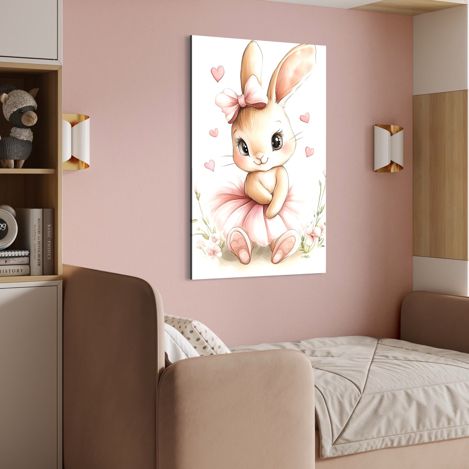 Tablou Canvas Premium, LuxCanva® K1033, Iepurasul Balerina, Gingasie, Rochita, Fundita, Roz, Printesa, Inimioare, Zambet, Tutu, Urechi, Privire, Copilaresc, Jucausa, Camera Copil, Dormitor