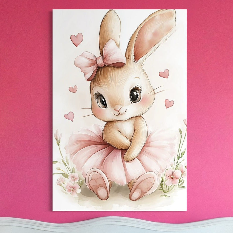 Tablou Canvas Premium, LuxCanva® K1033, Iepurasul Balerina, Gingasie, Rochita, Fundita, Roz, Printesa, Inimioare, Zambet, Tutu, Urechi, Privire, Copilaresc, Jucausa, Camera Copil, Dormitor