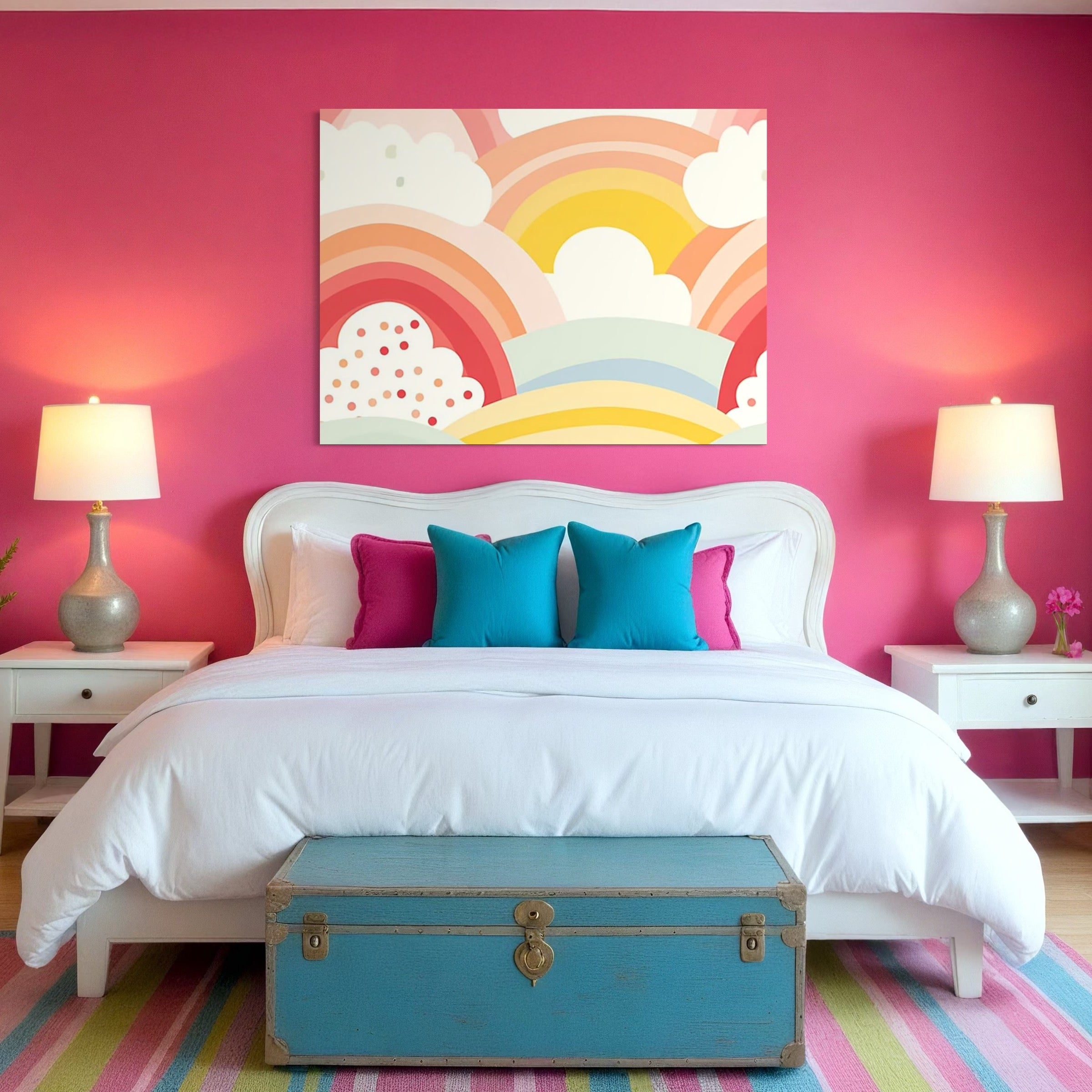 Tablou Canvas Premium, LuxCanva® K1034, Zambetul Cerului, Pastel, Curcubeu, Nori, Pufosi, Energie, Blandete, Atmosfera, Copilarie, Cer, Poveste, Optimism, Fericire, Camera Copil, Dormitor
