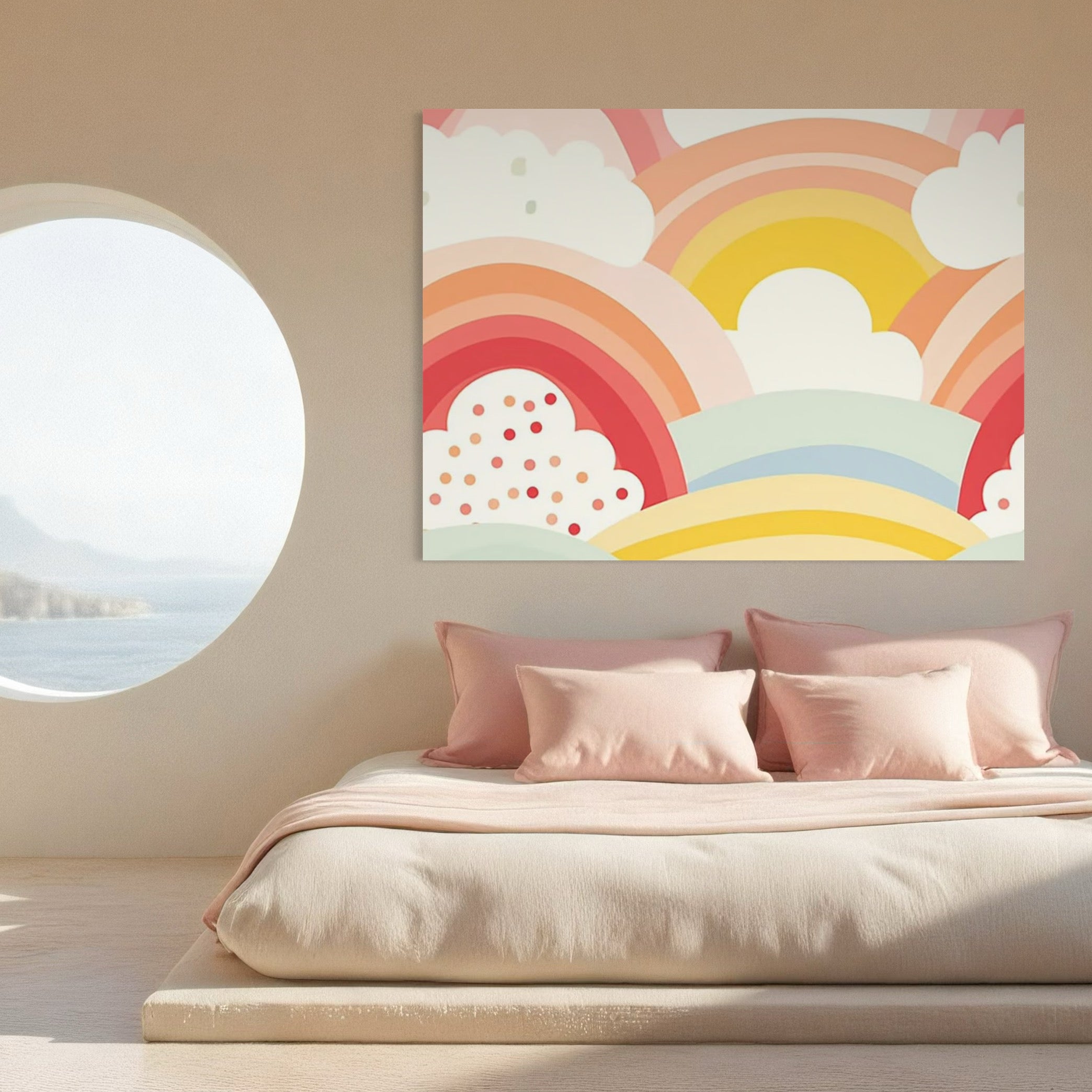 Tablou Canvas Premium, LuxCanva® K1034, Zambetul Cerului, Pastel, Curcubeu, Nori, Pufosi, Energie, Blandete, Atmosfera, Copilarie, Cer, Poveste, Optimism, Fericire, Camera Copil, Dormitor