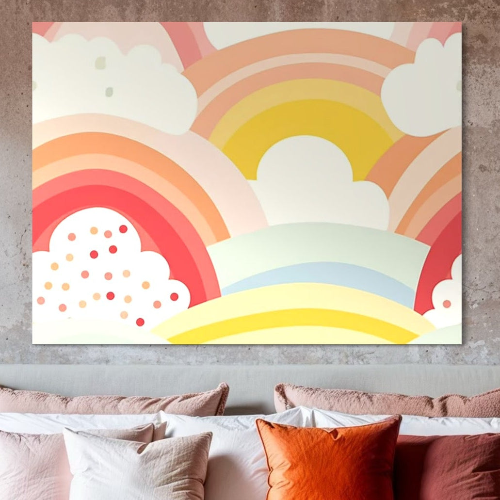 Tablou Canvas Premium, LuxCanva® K1034, Zambetul Cerului, Pastel, Curcubeu, Nori, Pufosi, Energie, Blandete, Atmosfera, Copilarie, Cer, Poveste, Optimism, Fericire, Camera Copil, Dormitor