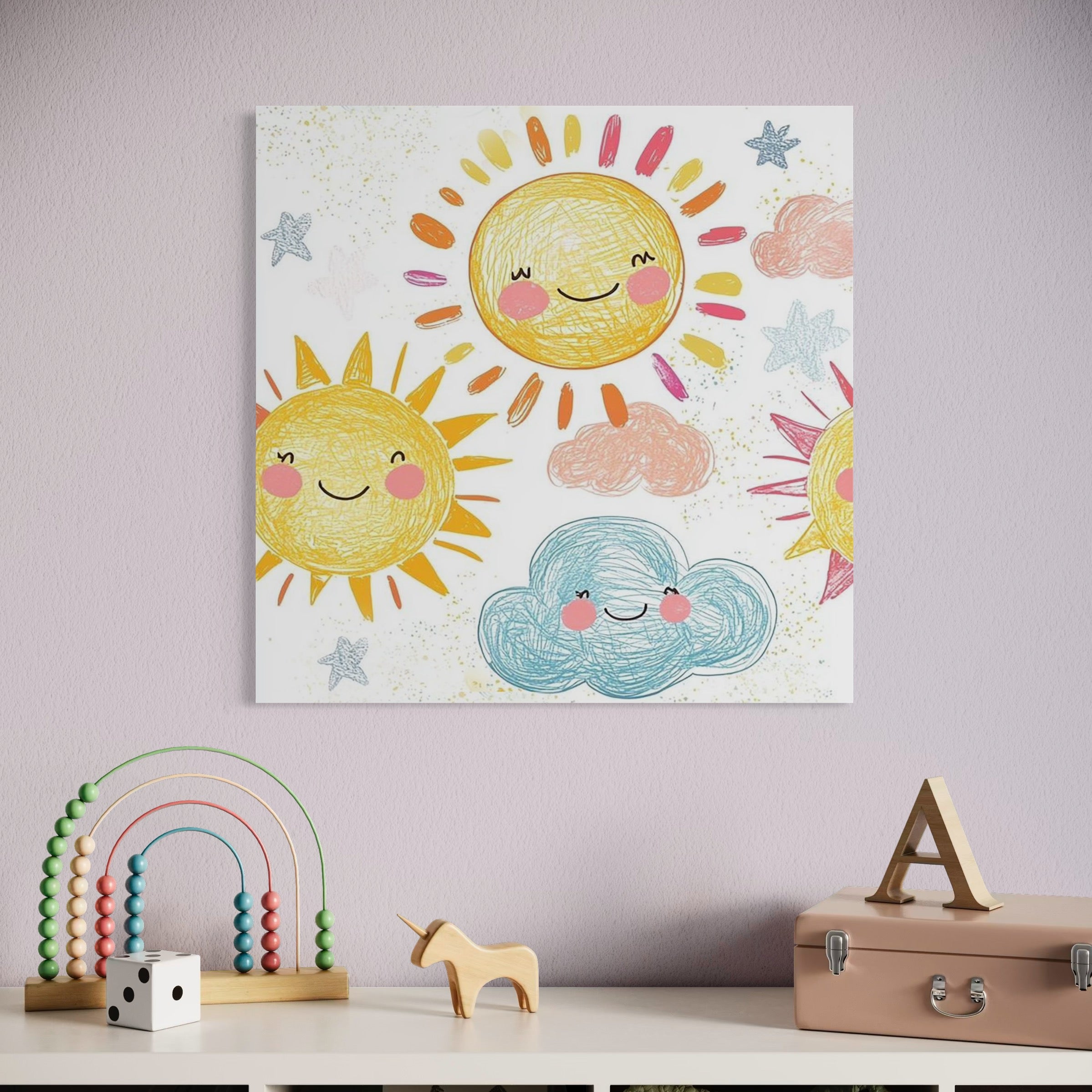 Tablou Canvas Premium, LuxCanva® K1035, Magia Cerului Copilaresc, Zambete, Cer, Soare, Joc, Obraz, Roz, Norisori, Veselie, Raze, Dans, Stele, Magie, Copilarie, Inocenta, Camera Copil, Dormitor