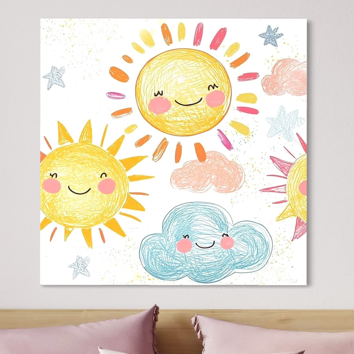 Tablou Canvas Premium, LuxCanva® K1035, Magia Cerului Copilaresc, Zambete, Cer, Soare, Joc, Obraz, Roz, Norisori, Veselie, Raze, Dans, Stele, Magie, Copilarie, Inocenta, Camera Copil, Dormitor