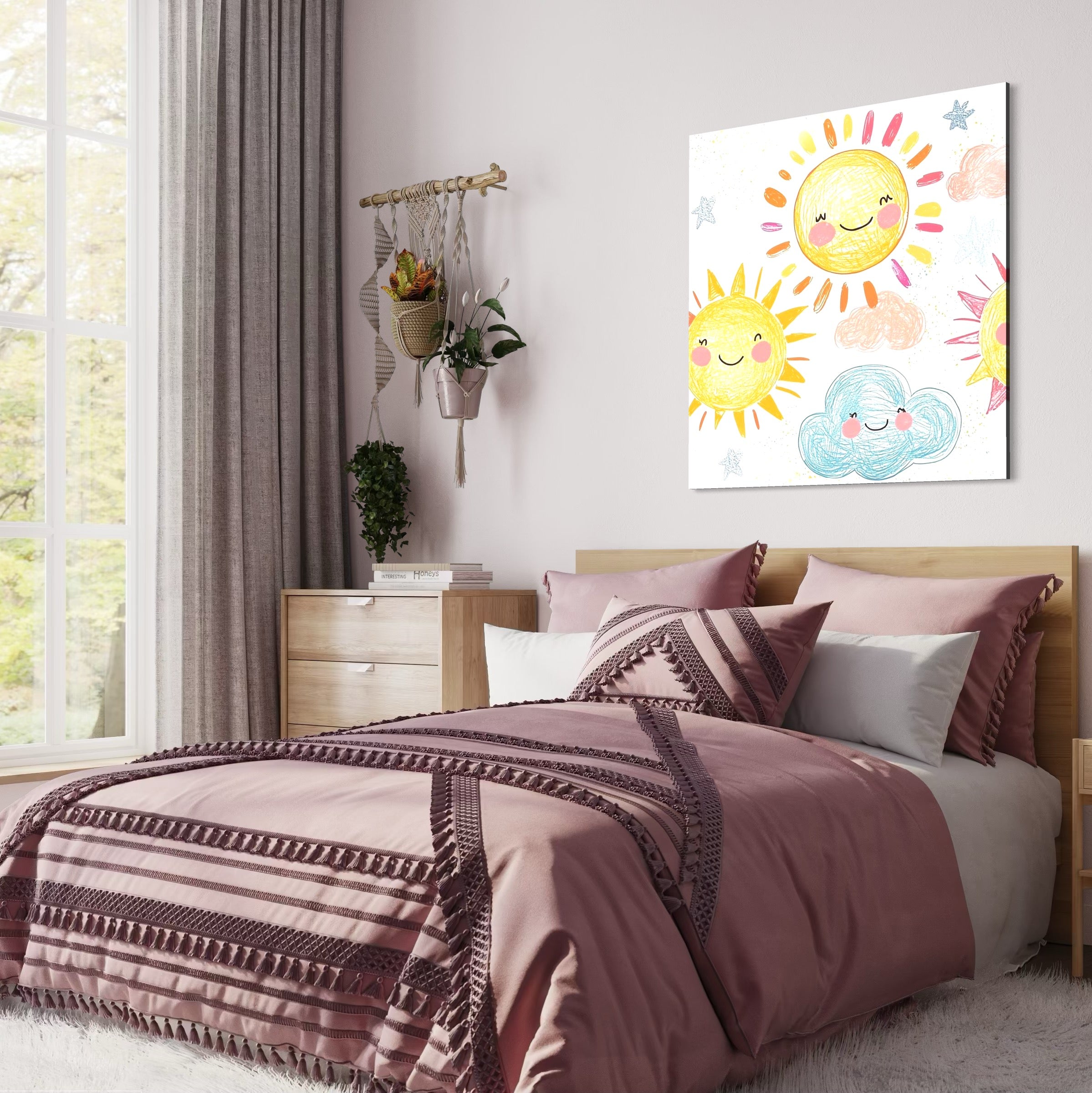 Tablou Canvas Premium, LuxCanva® K1035, Magia Cerului Copilaresc, Zambete, Cer, Soare, Joc, Obraz, Roz, Norisori, Veselie, Raze, Dans, Stele, Magie, Copilarie, Inocenta, Camera Copil, Dormitor