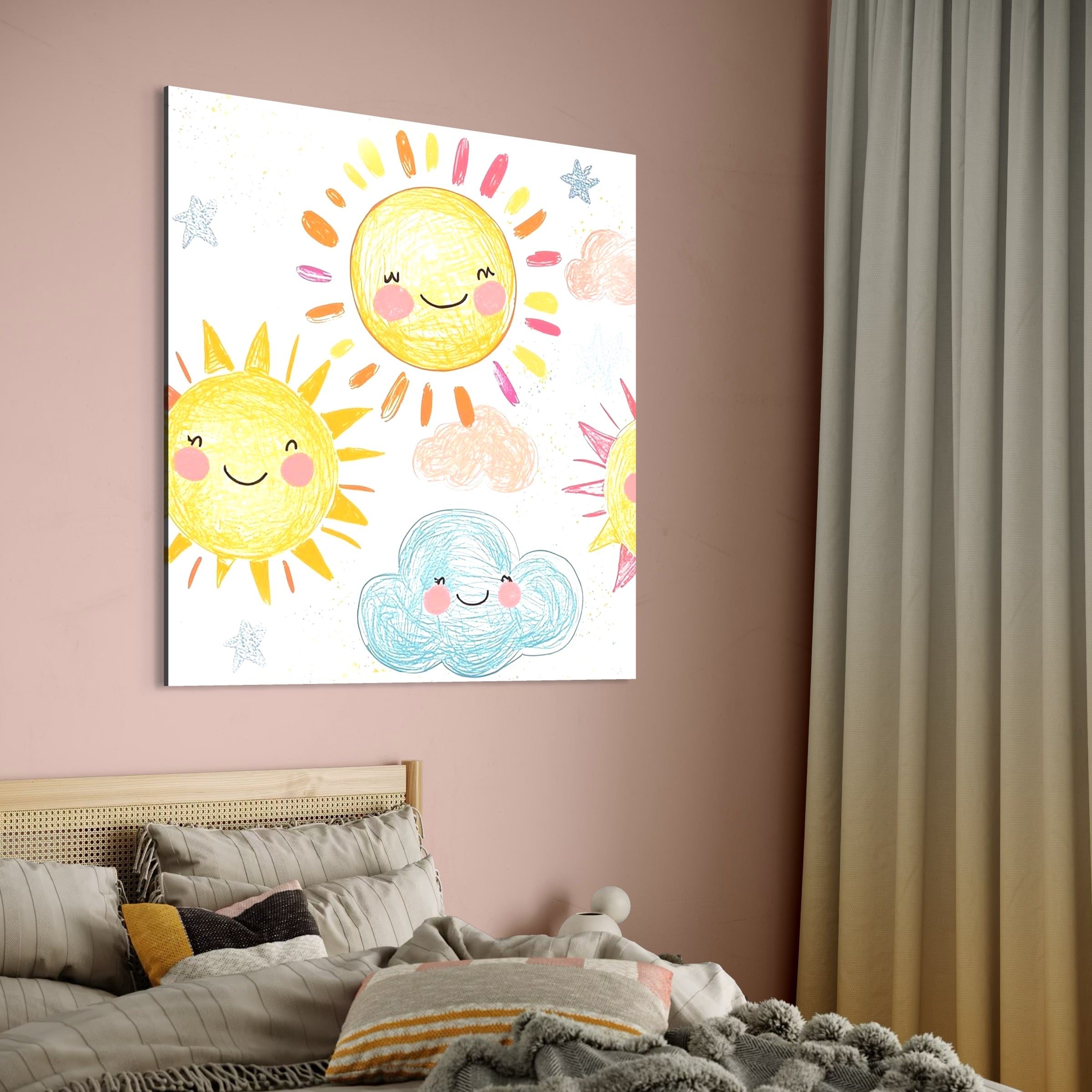 Tablou Canvas Premium, LuxCanva® K1035, Magia Cerului Copilaresc, Zambete, Cer, Soare, Joc, Obraz, Roz, Norisori, Veselie, Raze, Dans, Stele, Magie, Copilarie, Inocenta, Camera Copil, Dormitor