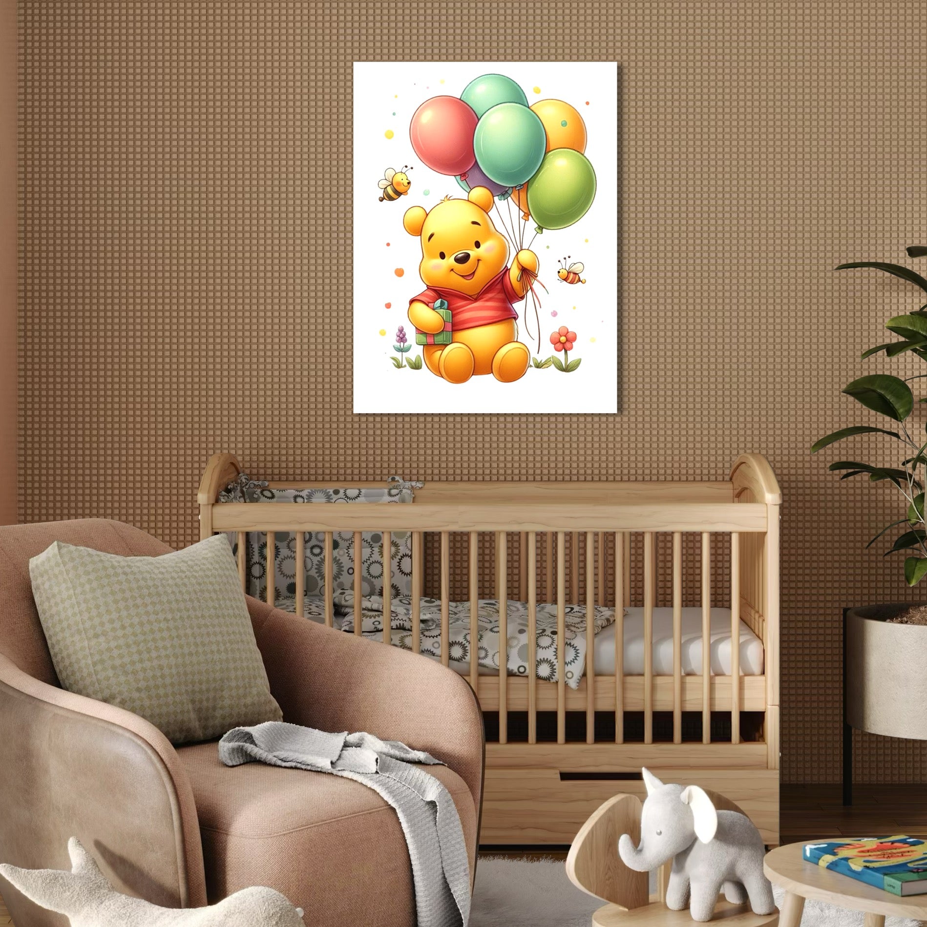 Tablou Canvas Premium, LuxCanva® K1036, Ursuletul cu Baloane, Poienita, Winnie The Pooh, Baloane, Prieten, Albinute, Veselie, Fericire, Cadou, Aniversare, Inocenta, Camera Copil, Dormitor