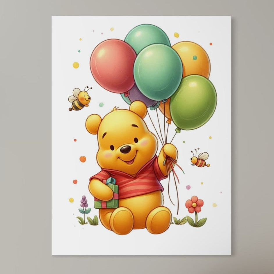 Tablou Canvas Premium, LuxCanva® K1036, Ursuletul cu Baloane, Poienita, Winnie The Pooh, Baloane, Prieten, Albinute, Veselie, Fericire, Cadou, Aniversare, Inocenta, Camera Copil, Dormitor