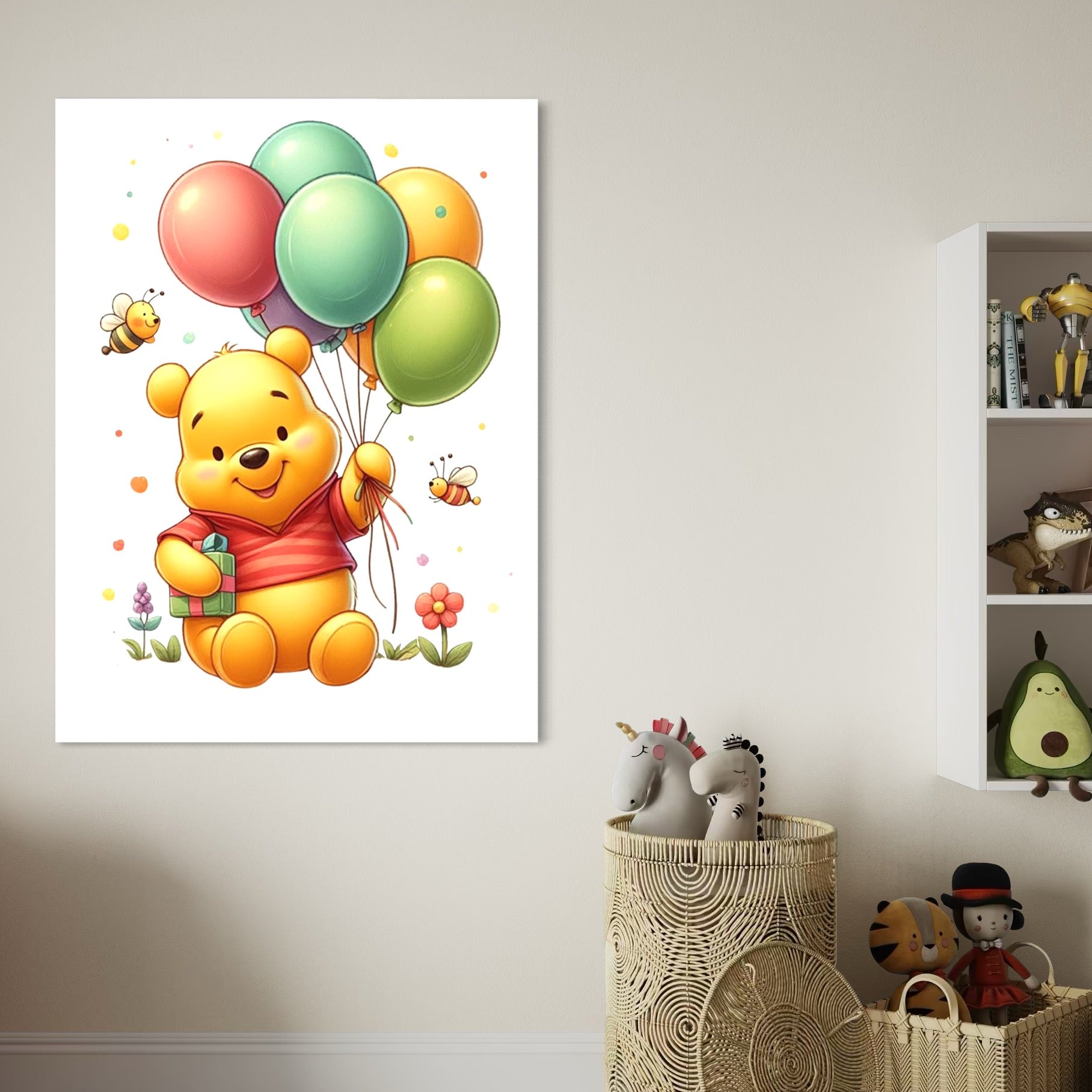 Tablou Canvas Premium, LuxCanva® K1036, Ursuletul cu Baloane, Poienita, Winnie The Pooh, Baloane, Prieten, Albinute, Veselie, Fericire, Cadou, Aniversare, Inocenta, Camera Copil, Dormitor