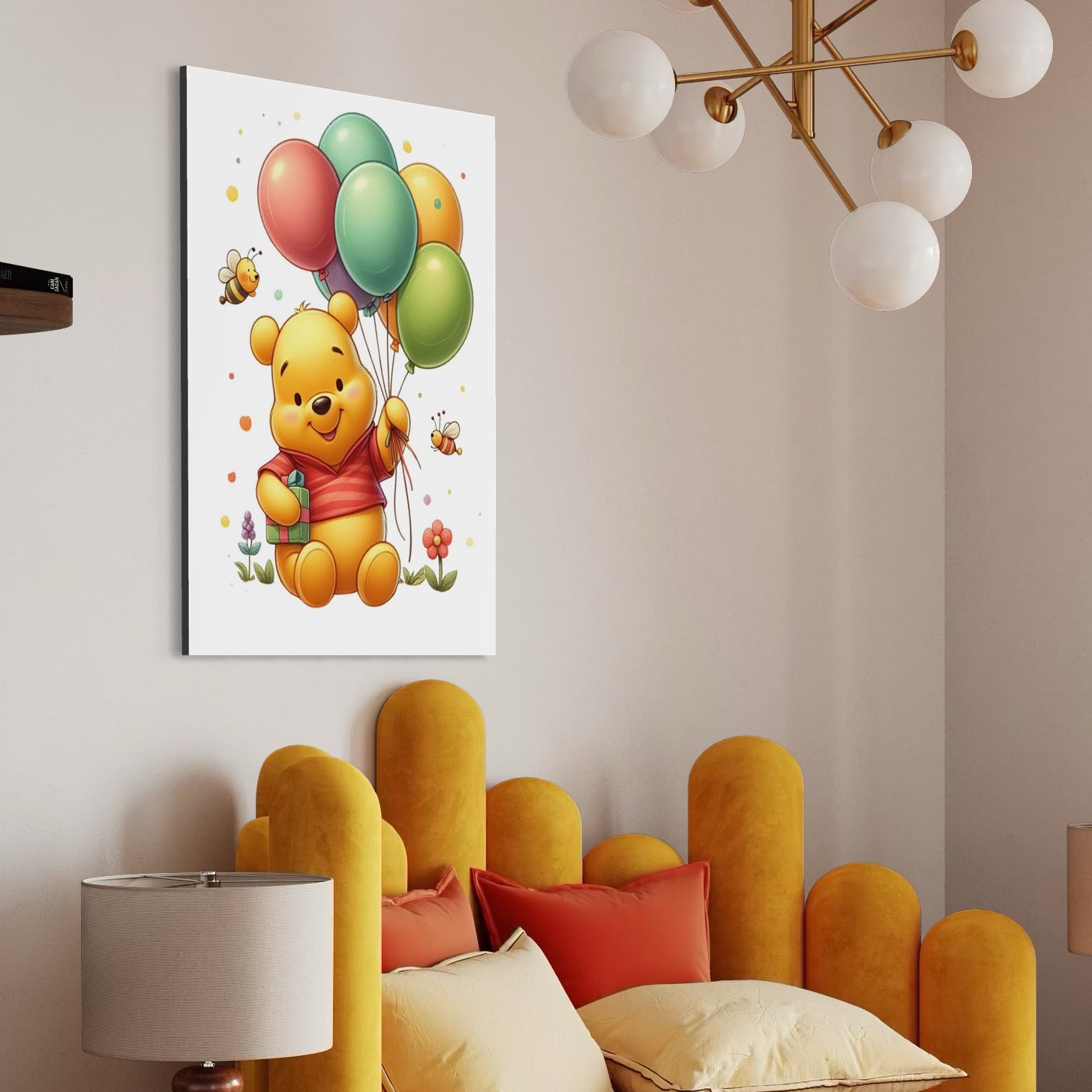 Tablou Canvas Premium, LuxCanva® K1036, Ursuletul cu Baloane, Poienita, Winnie The Pooh, Baloane, Prieten, Albinute, Veselie, Fericire, Cadou, Aniversare, Inocenta, Camera Copil, Dormitor